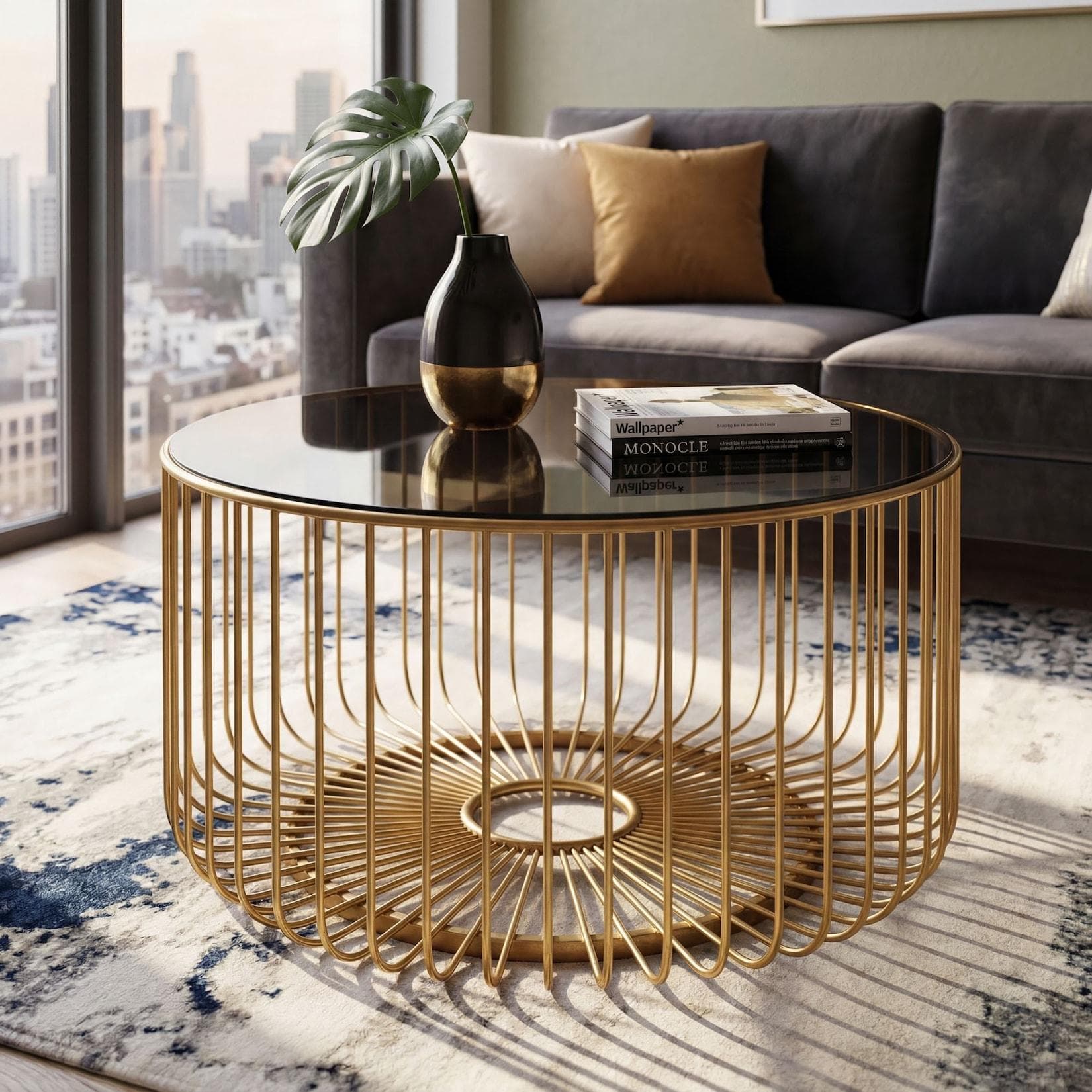FineBuy Couchtisch Rund Glas Metall Gold 60cm