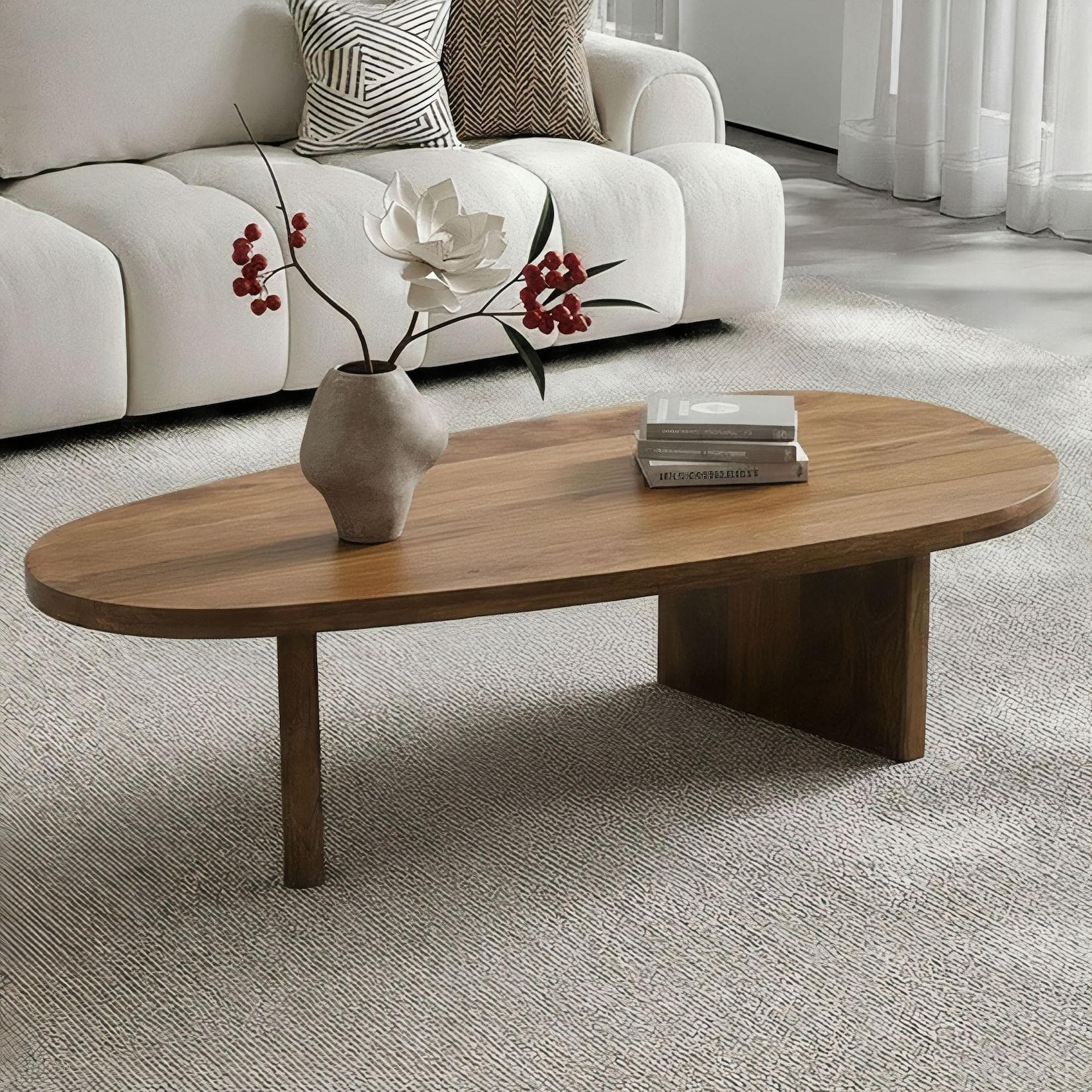 FINEBUY Couchtisch oval 120cm Mango Massivholz Braun Modern