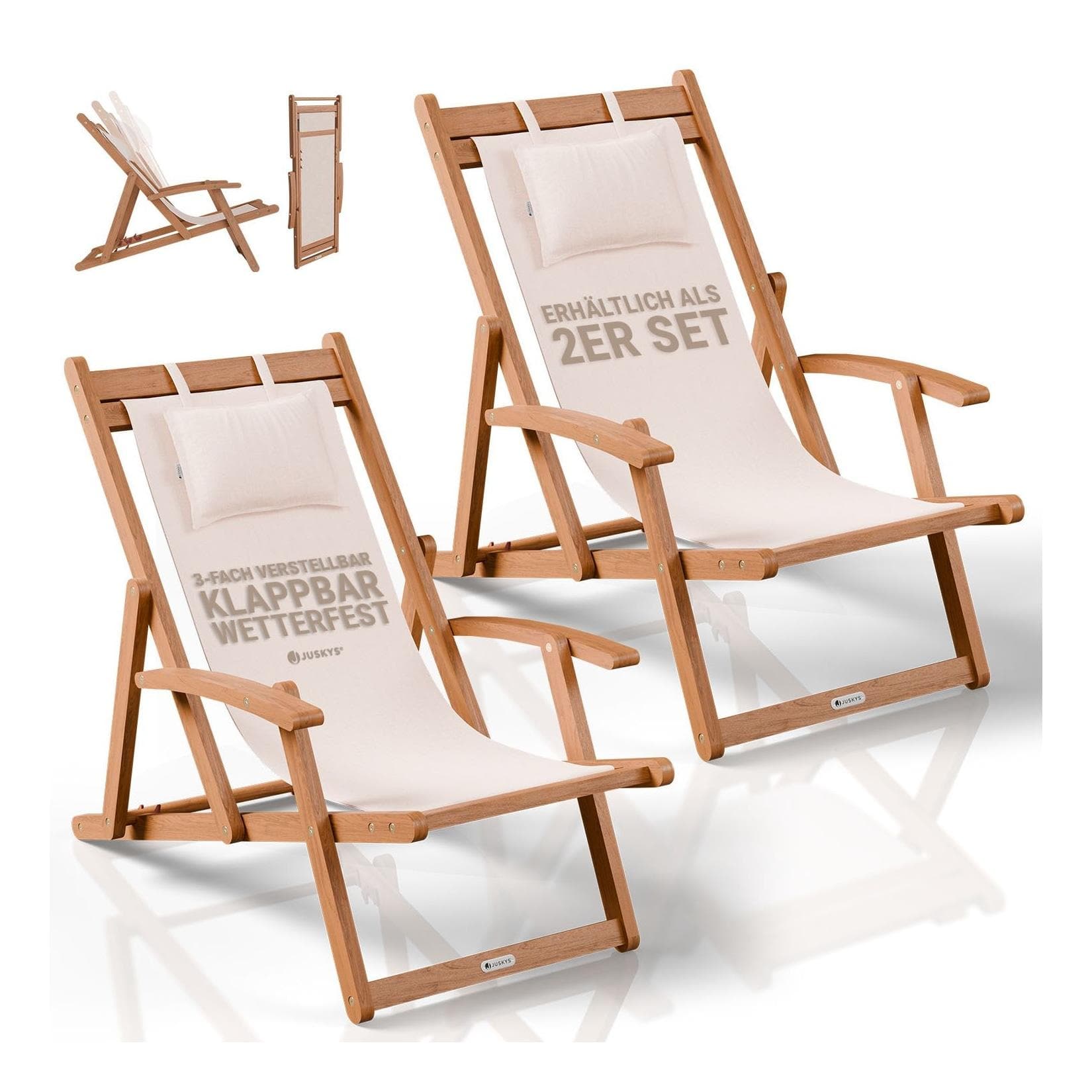 JUSKYS Sonnenliege Tavira 2er Set Creme Akazienholz UV-beständig klappbar