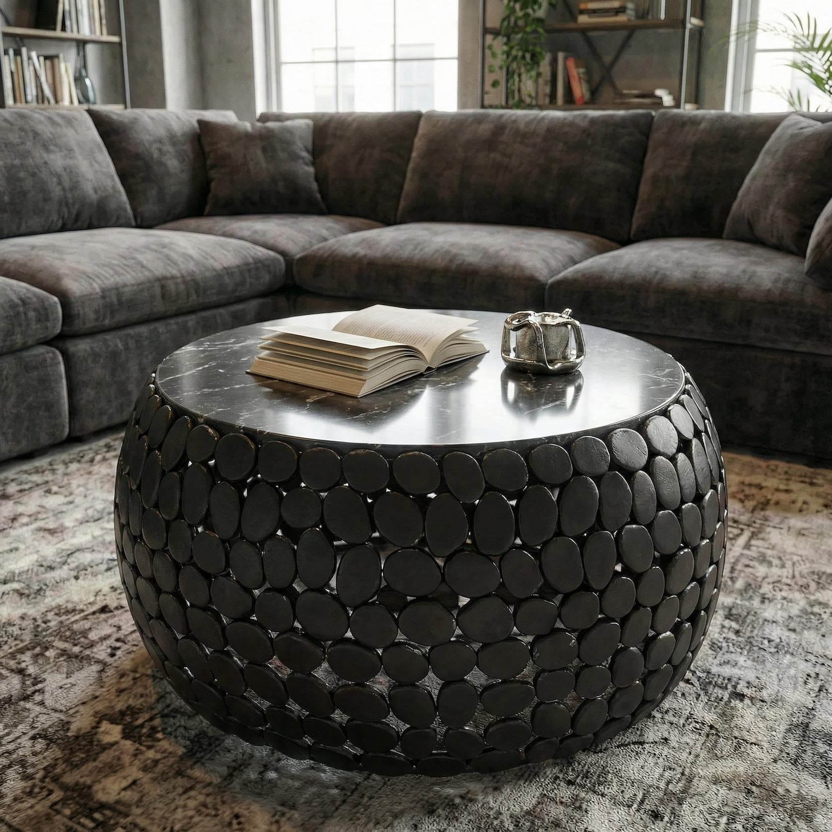 FineBuy Couchtisch rund 65cm Marmor Aluminium schwarz