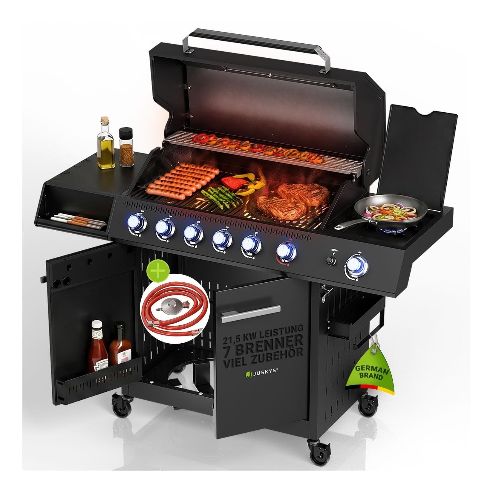 JUSKYS Gasgrill Tennessee 6+1 mit Gusseisenrost & Sichtfenster