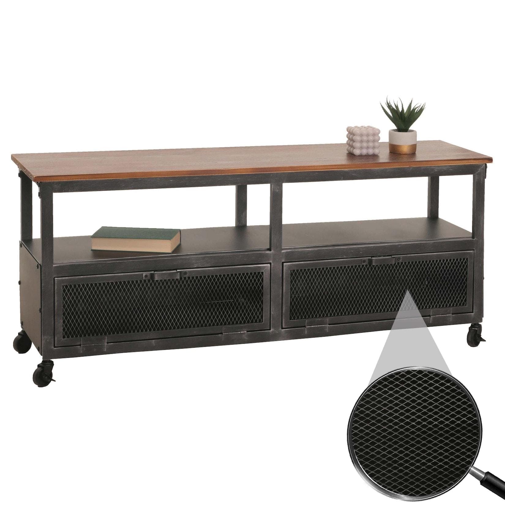 Lowboard MCW-N28 TV-Rack 2 Fächer Industrial Retro Metall Holz Schwarz Braun