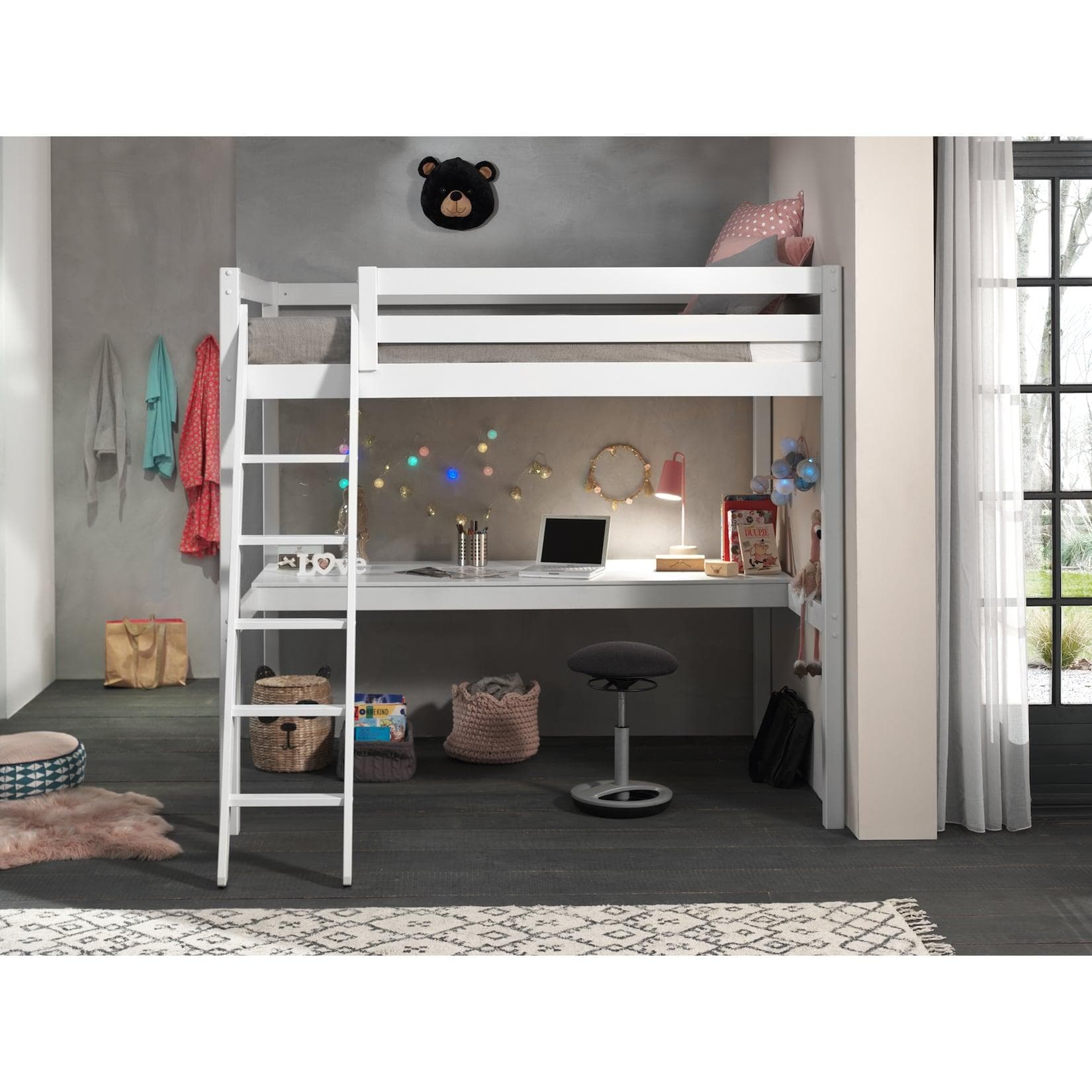 VIPACK Hochbett Pino Kiefer Massiv Weiß mit Sessel