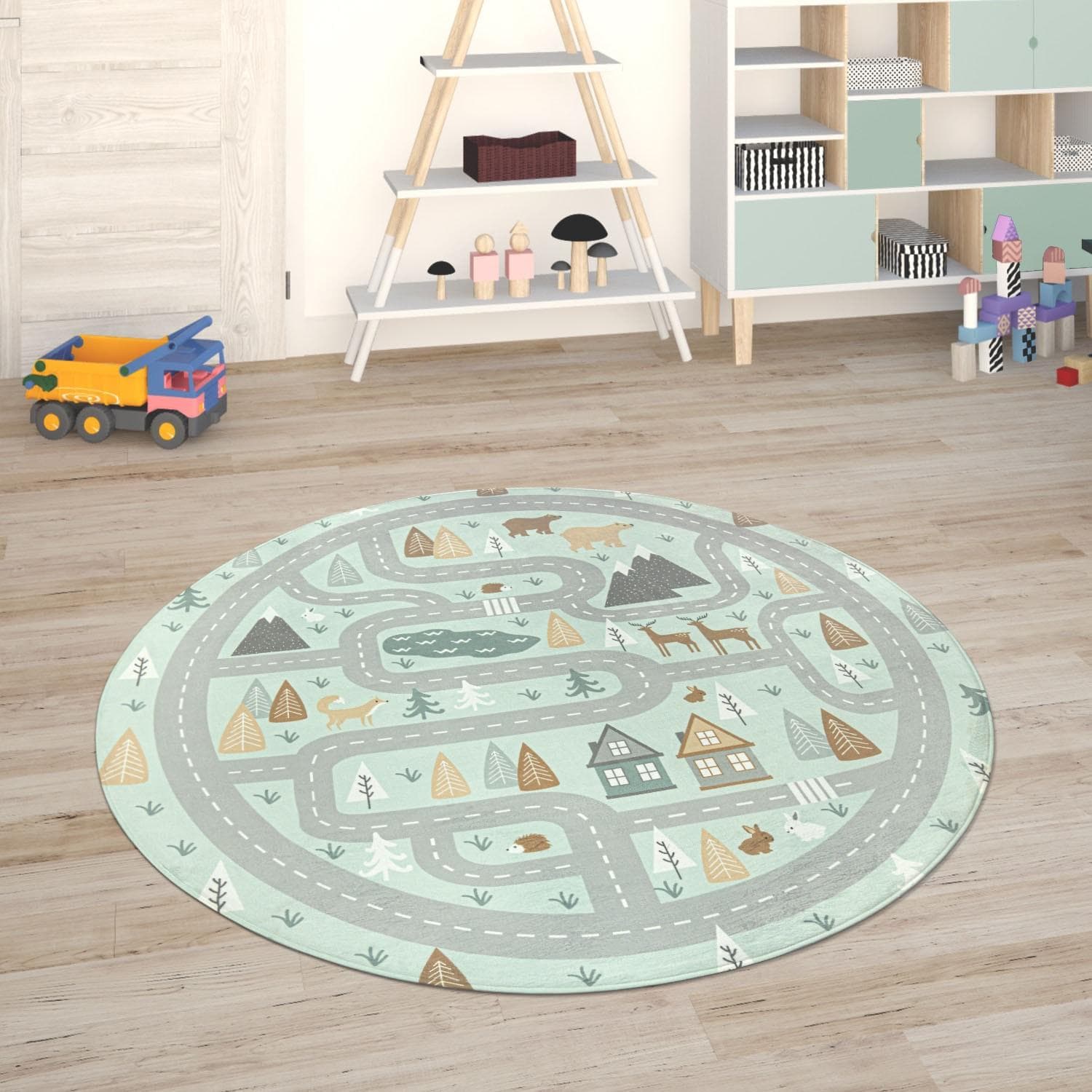 PACO HOME Kinderteppich Chicos 550 Rund Türkis Straßenmuster