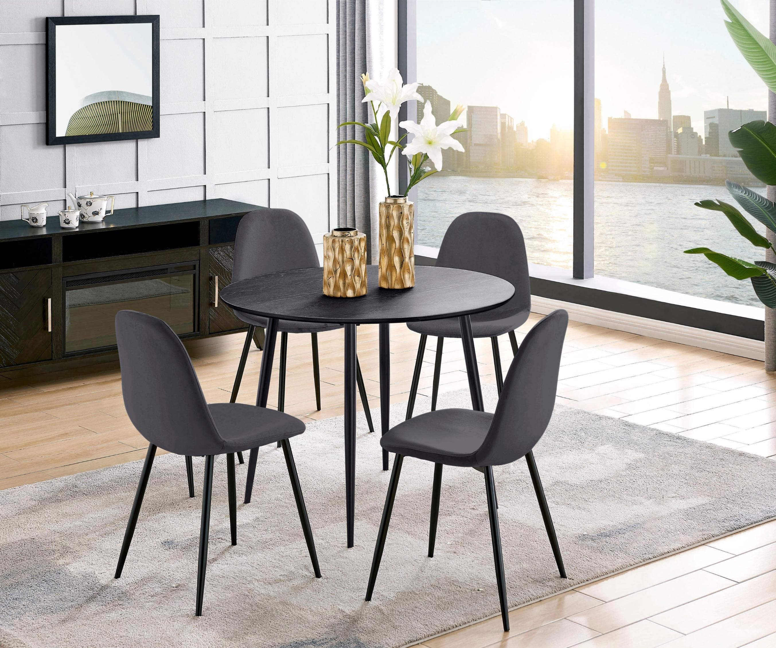 Essgruppe LEONIQUE Eadwine 5-tlg. Grau Samtvelours FSC Tisch + 4 Stühle