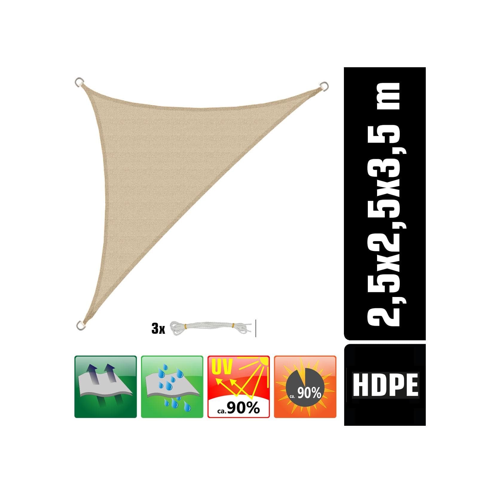 AMANKA UV Sonnensegel 2,5x2,5x3,5 HDPE Dreieck Rechtwinklig Garten Beige