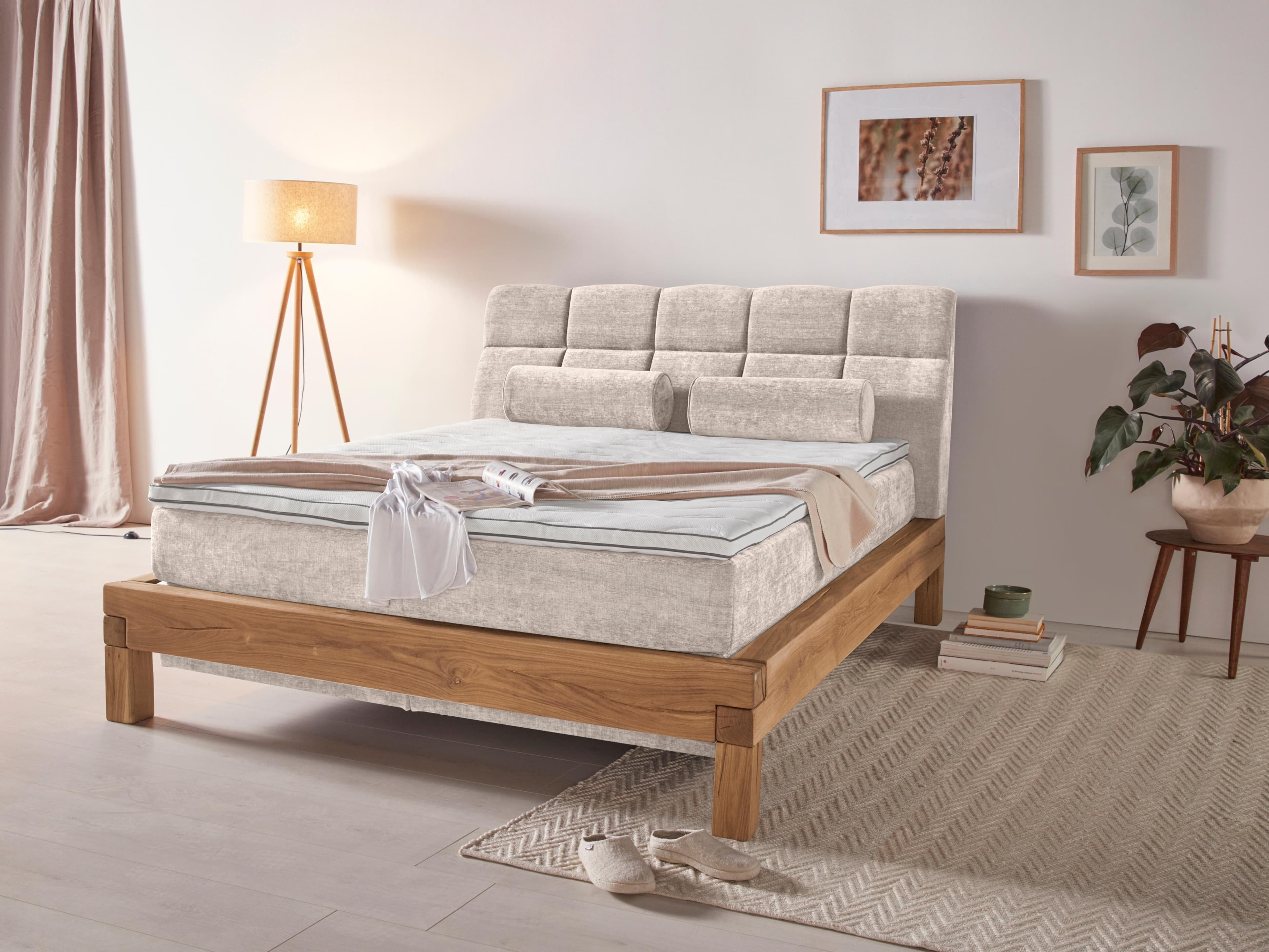 HOME AFFAIRE Boxspringbett Villads Beige 160x200 cm mit Eiche
