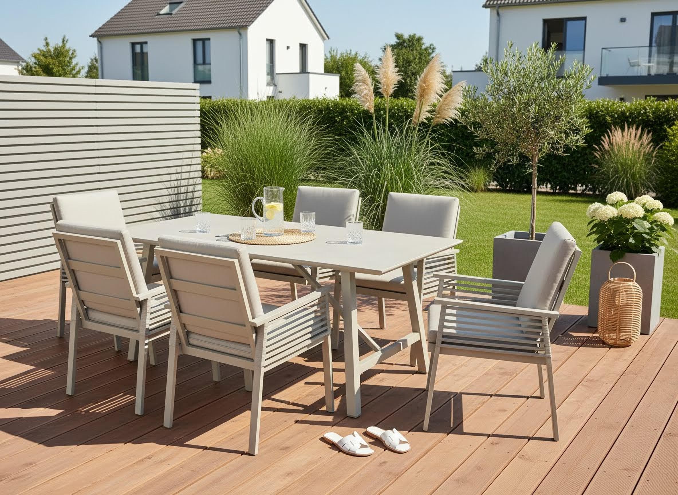 Moderne Garten-Essgruppe aus Aluminium, Kunststoff und Polyester