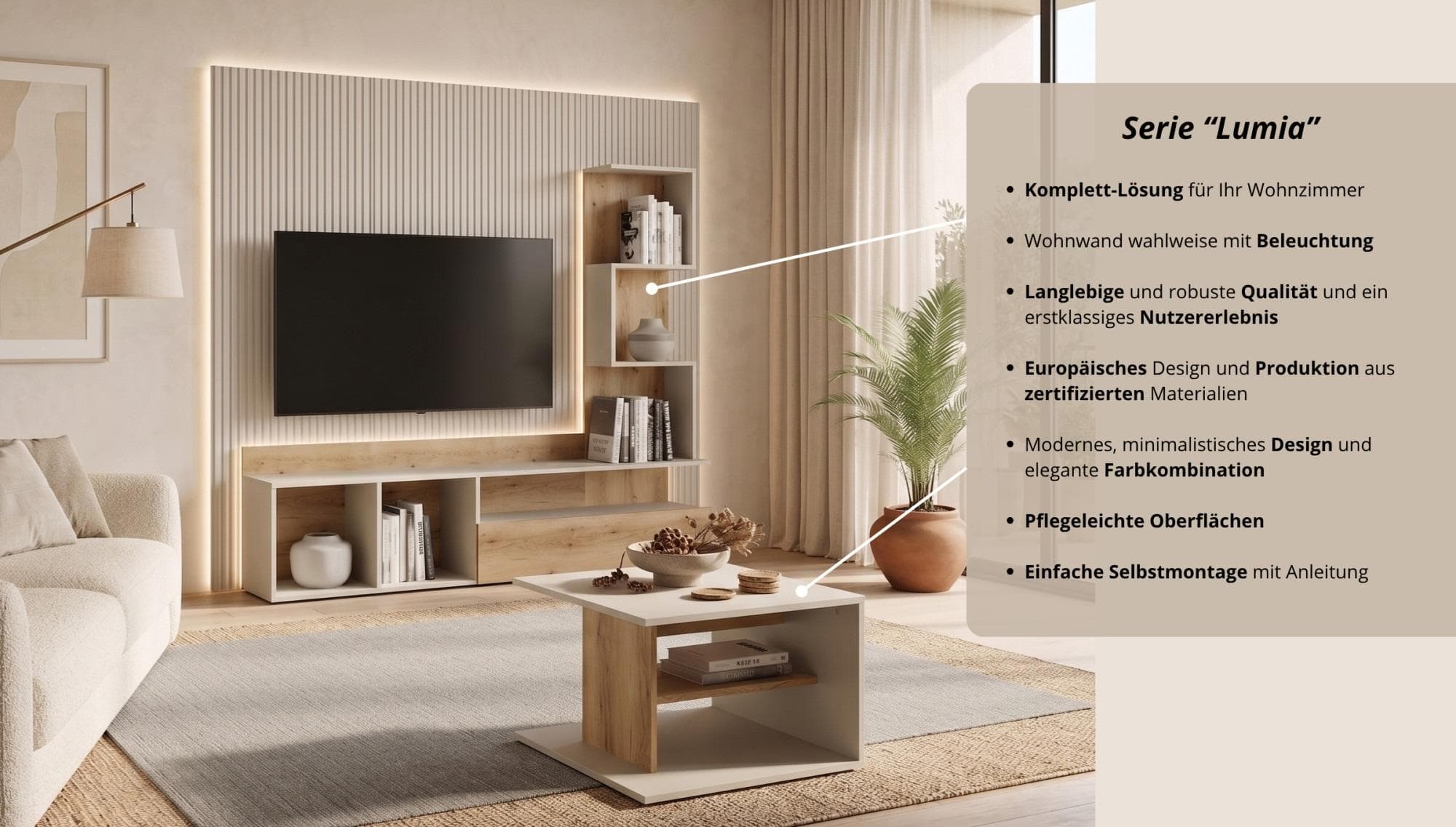Home Affaire Wohnwand LUMIA TV-Lowboard mit Regal Beige/Natur
