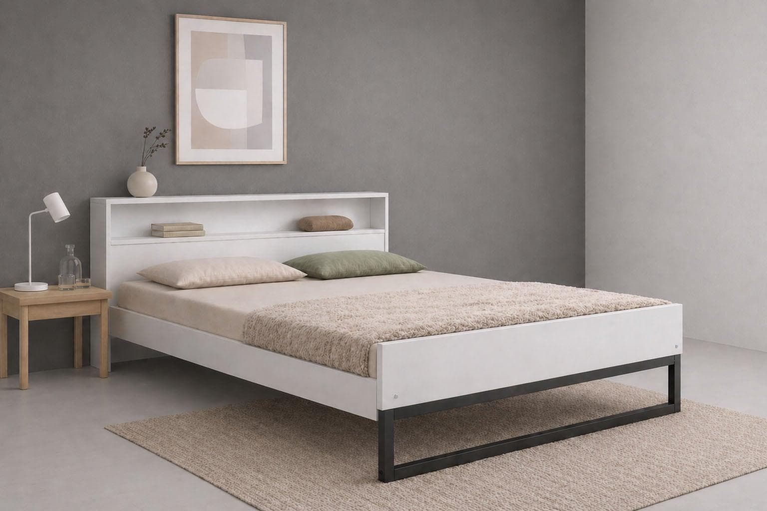 OTTO HOME Massivholzbett Pannor Industrial Design mit Regal weiß/schwarz