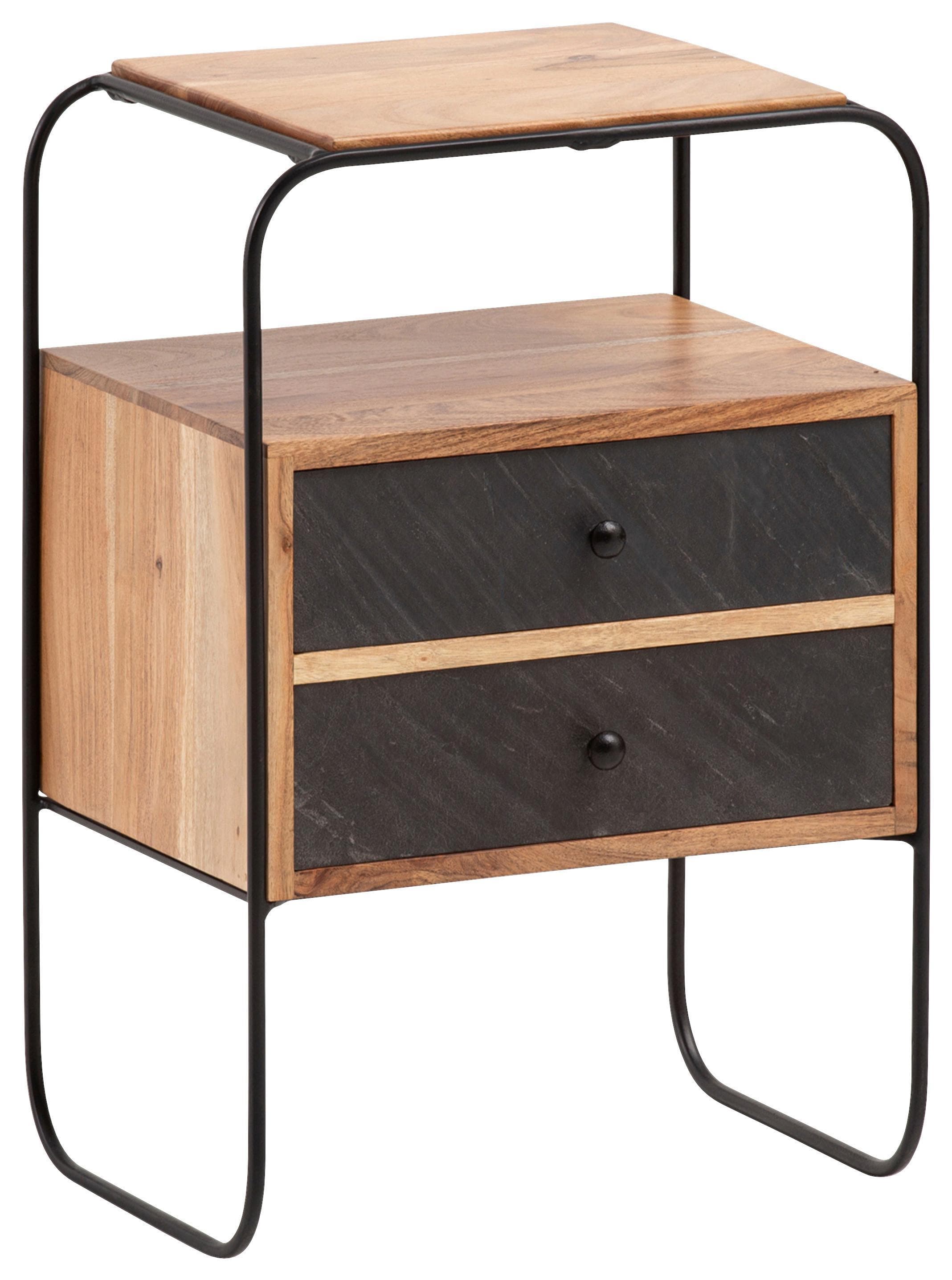 Nachttisch Massivholz Akazie Hellbraun Designer Gestell Schwarz
