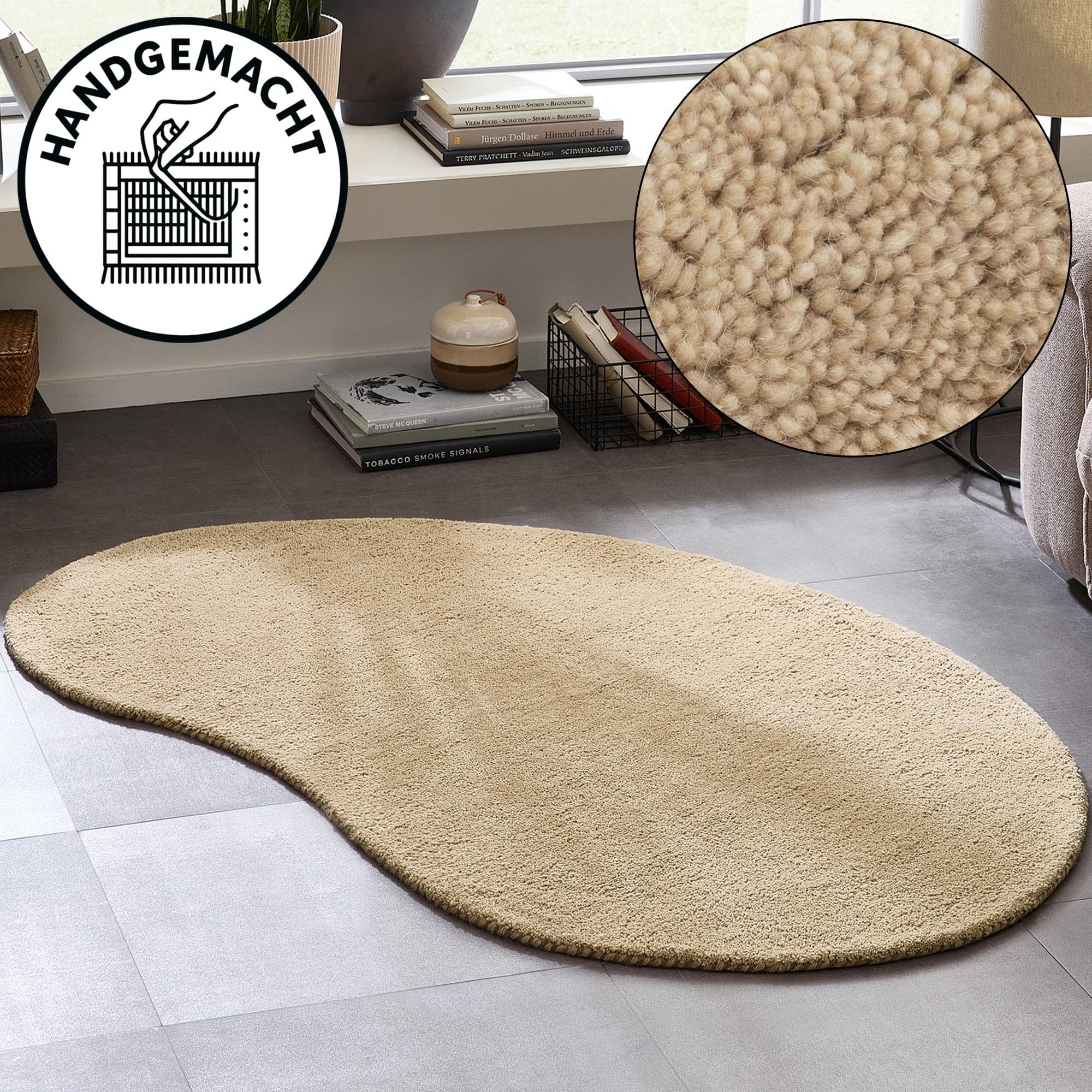 Theko Wollteppich Gabbeh Uni Handgefertigt Beige