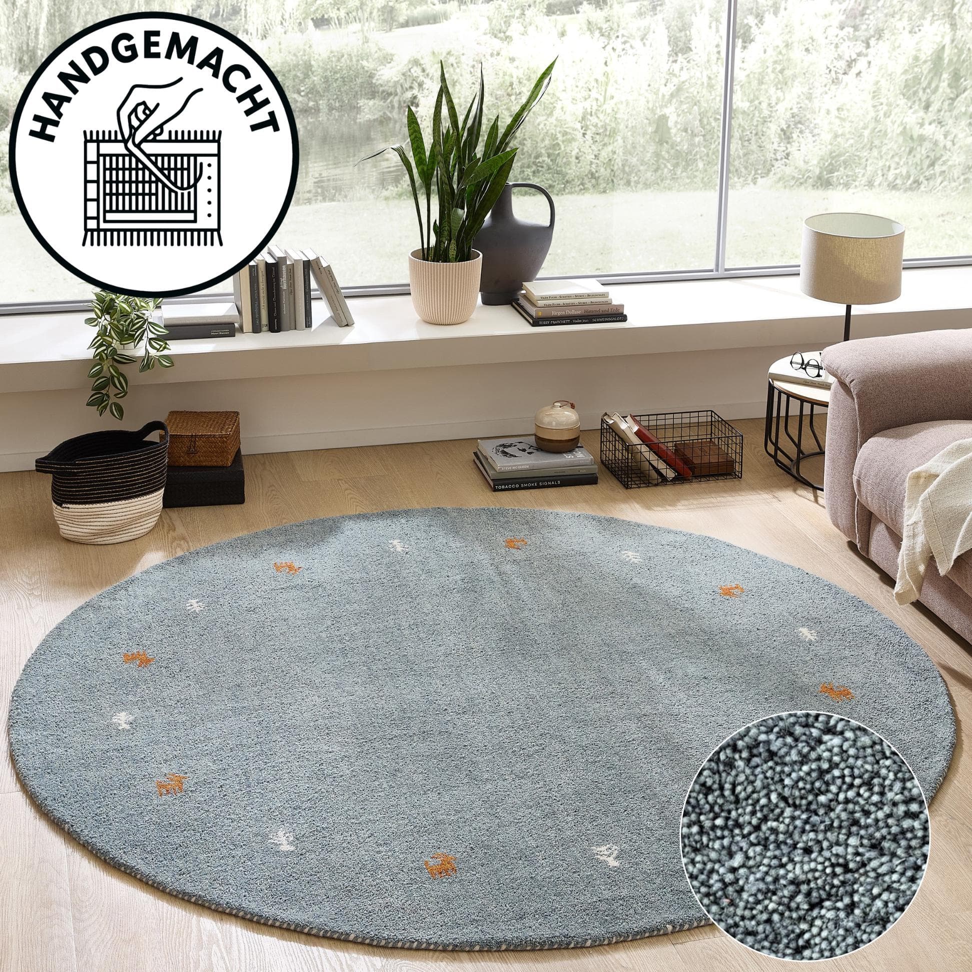 Theko Gabbeh Teppich Tiermotiv Hellblau/Grau 200 cm
