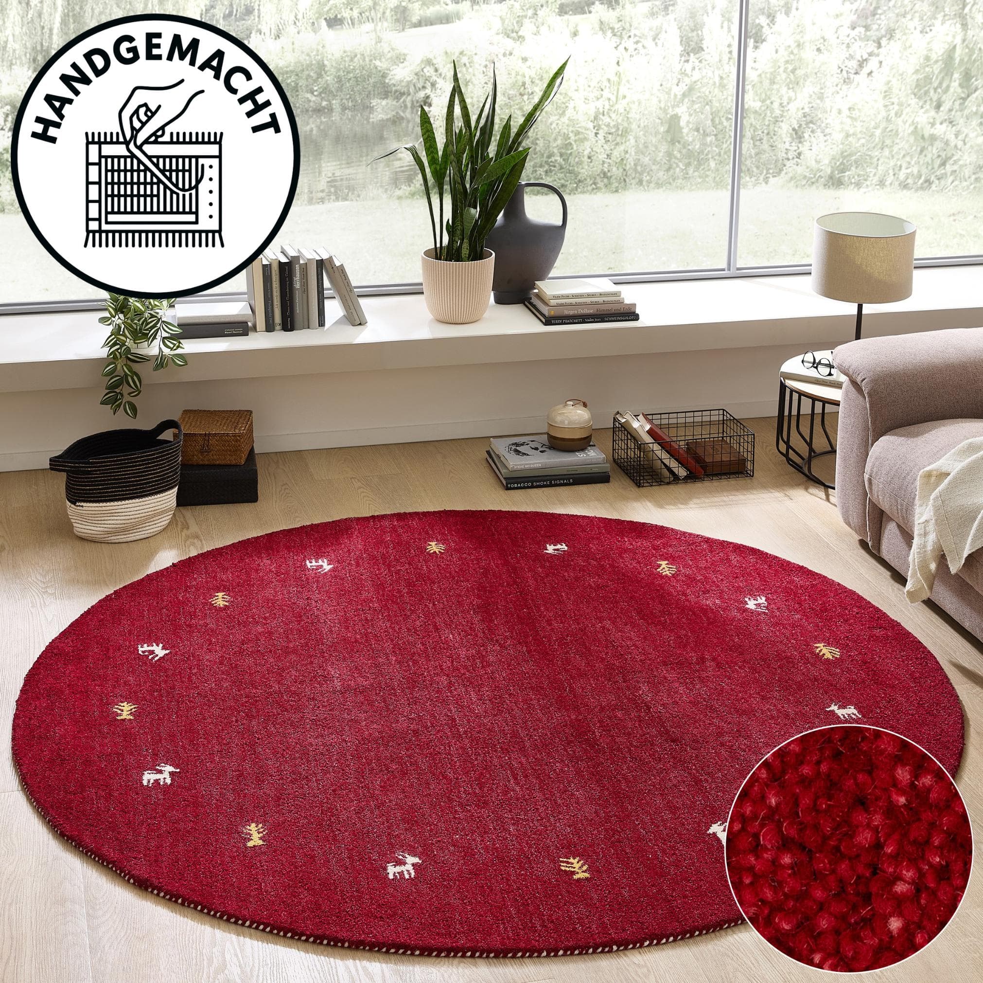 THEKO Wollteppich Gabbeh Motiv rund 200cm bordeaux