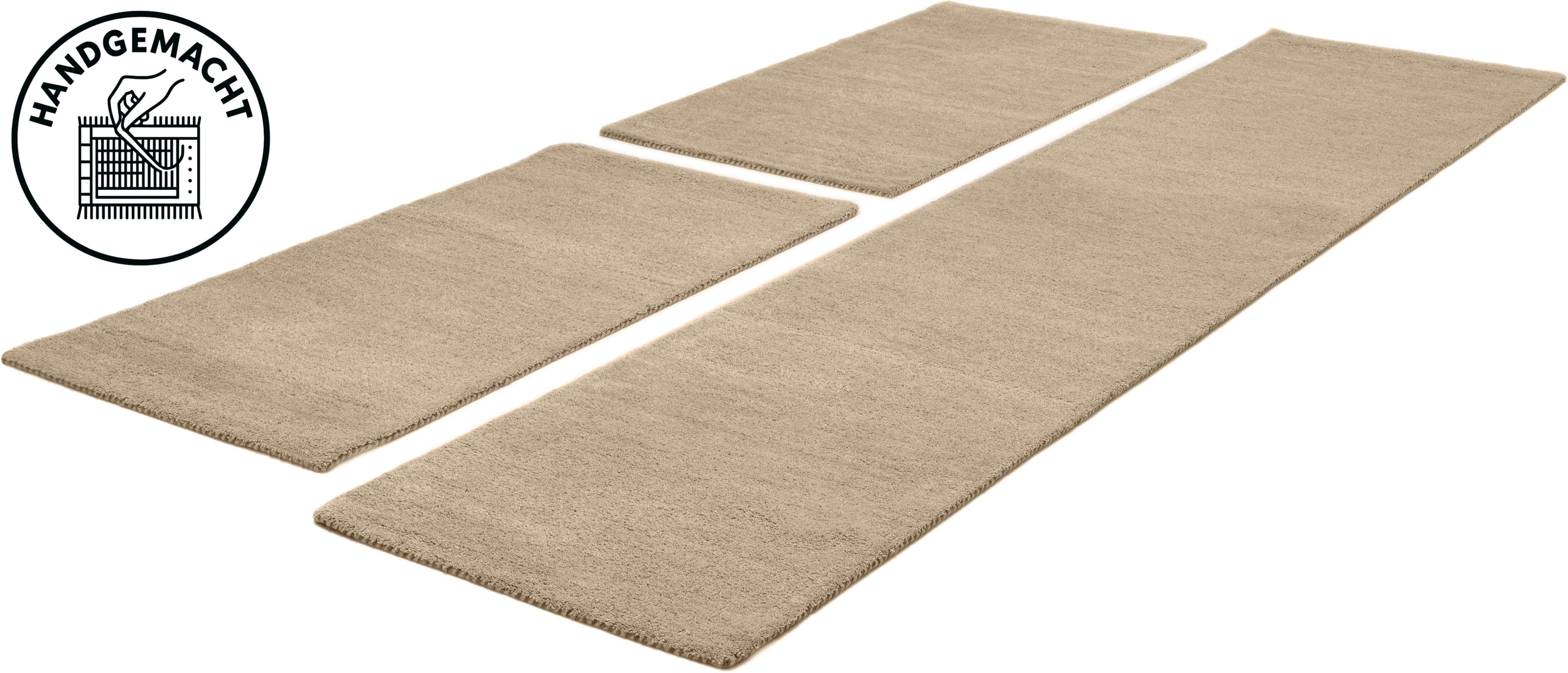 THEKO Bettumrandung Gabbeh Uni 3-tlg. Handweb Teppich Reine Wolle Beige