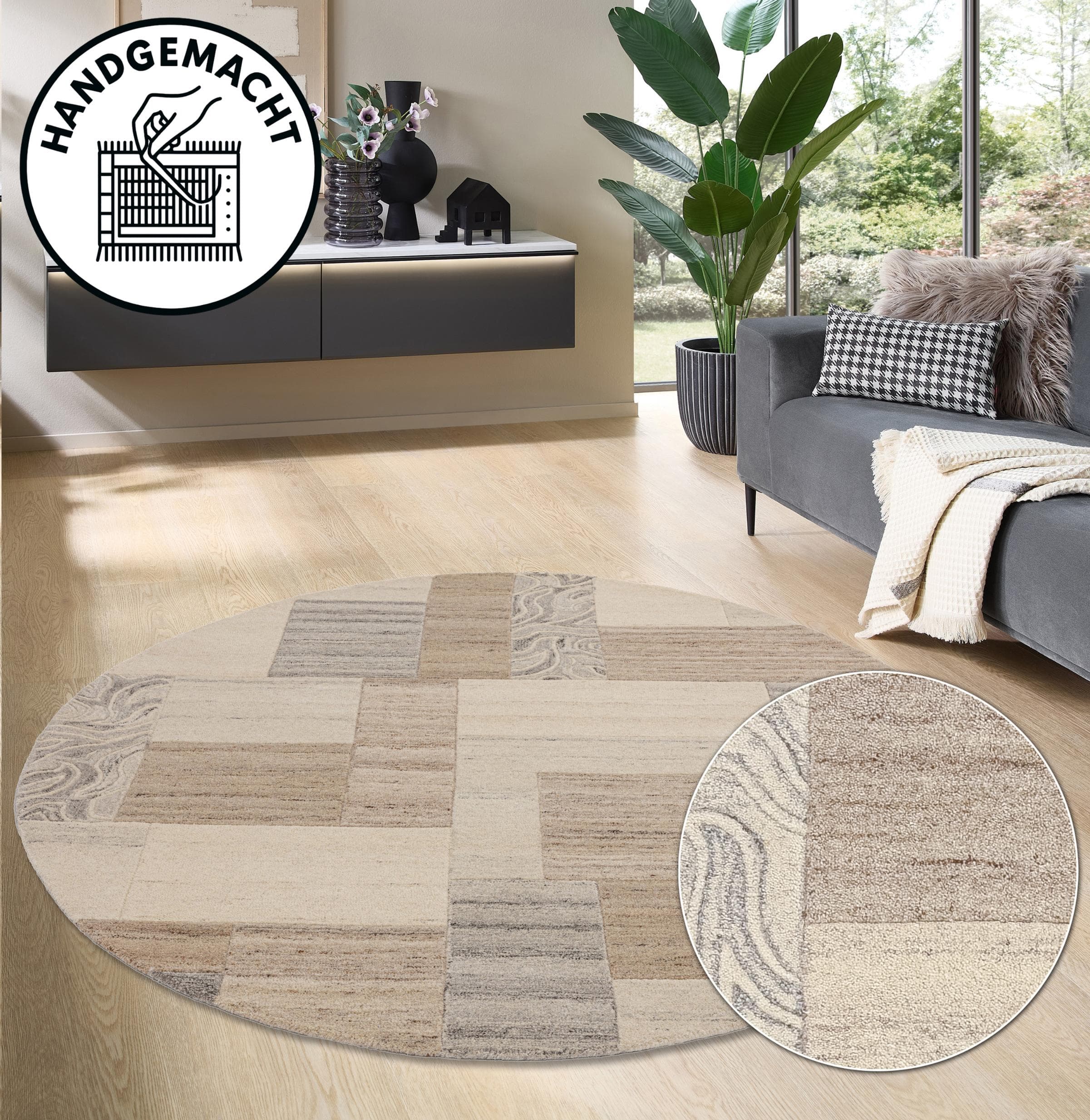 THEKO Wollteppich Lola Beige Handgearbeitet Rund 190cm