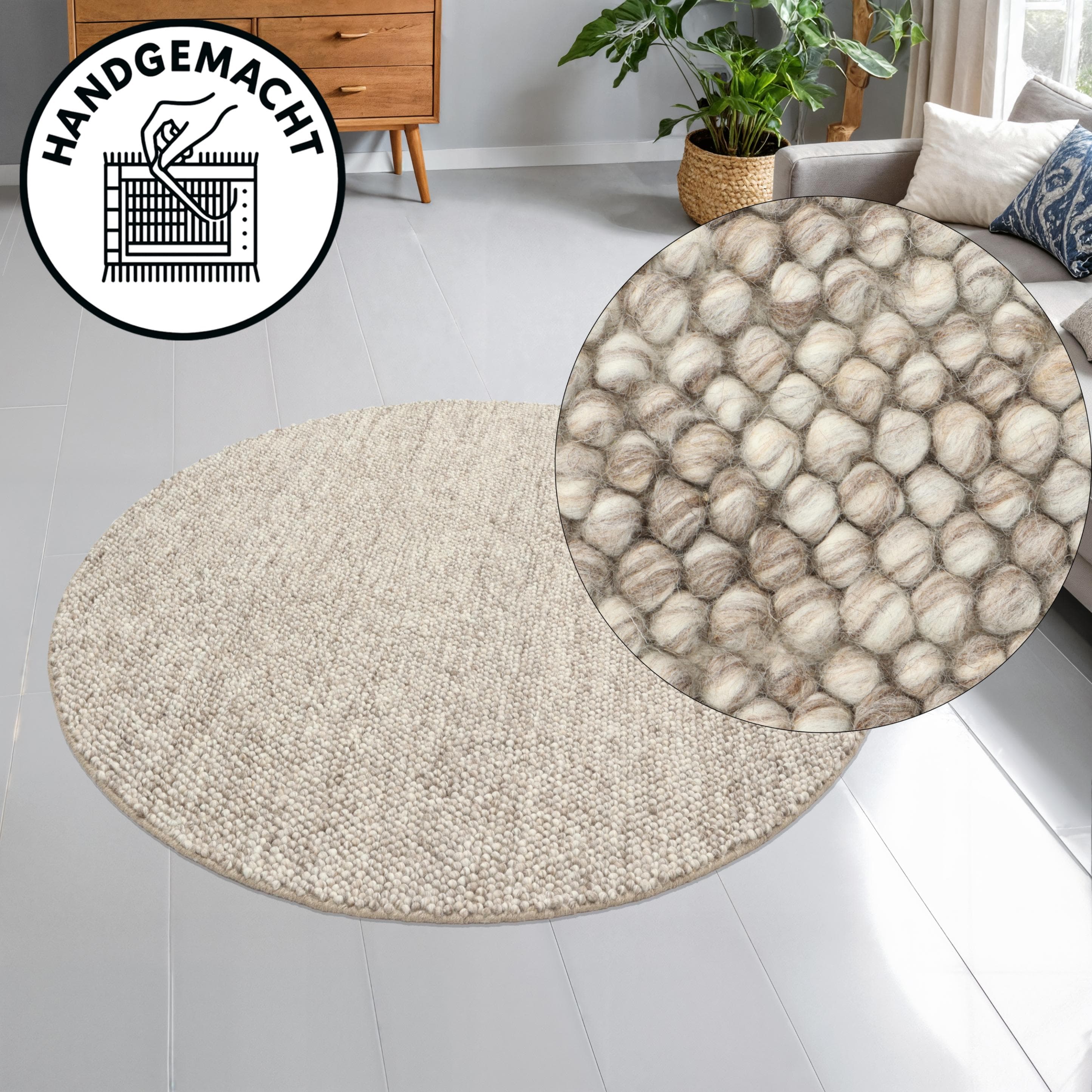 OTTO HOME Wollteppich Wolly Beige Handgewebt Rund