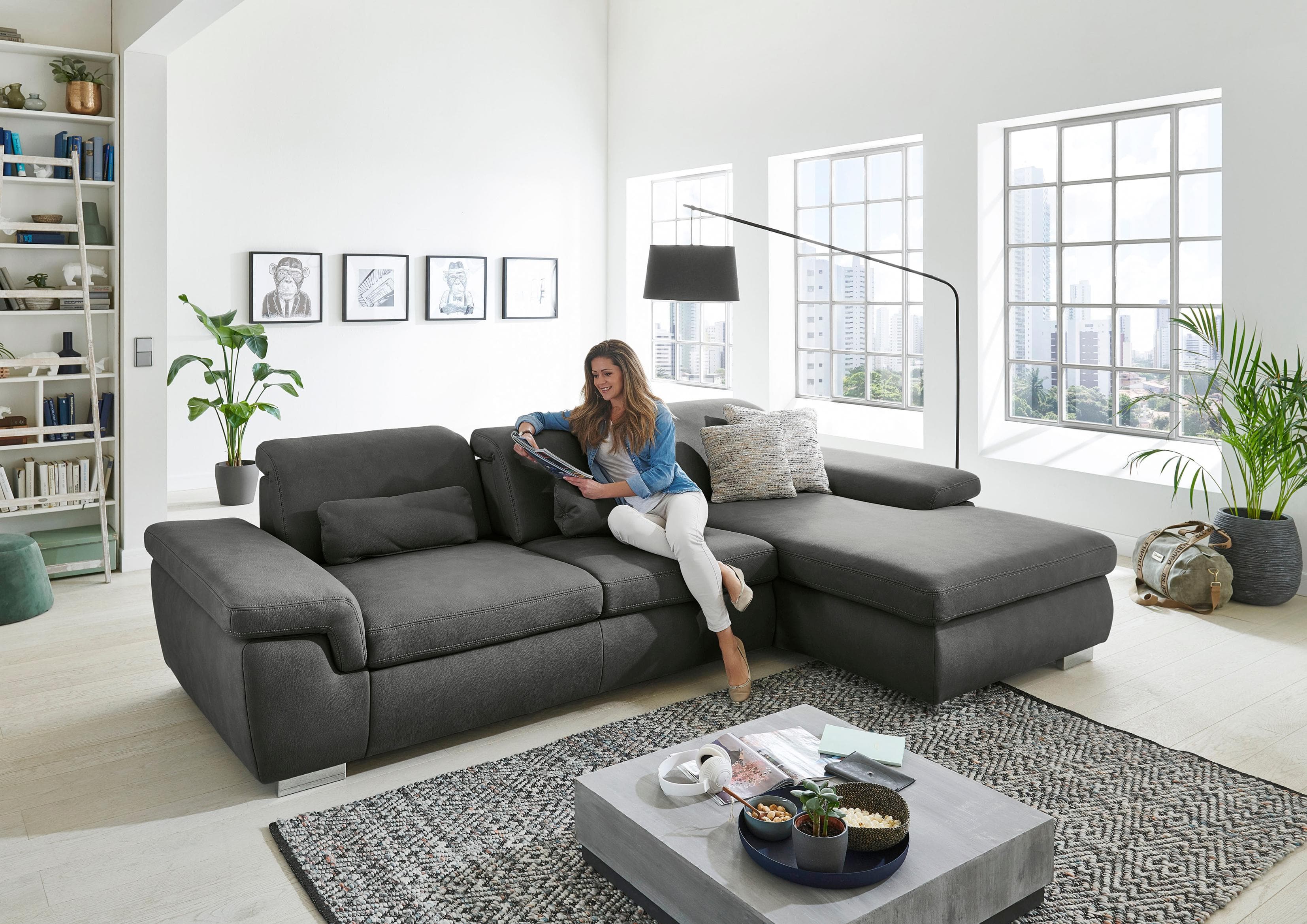 Ecksofa DIE PLANBAR L-Form Anthrazit mit Boxspring & Bettfunktion