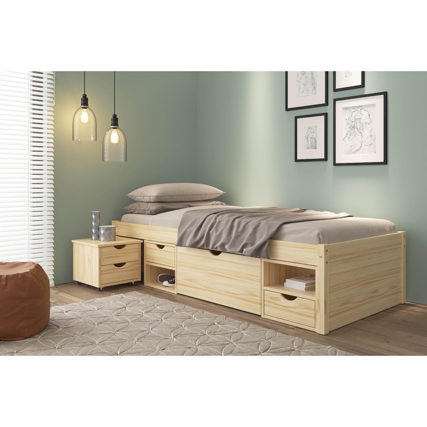 Inter Link Funktionsbett Claas Massivholz mit Stauraum und Nachtkommode
