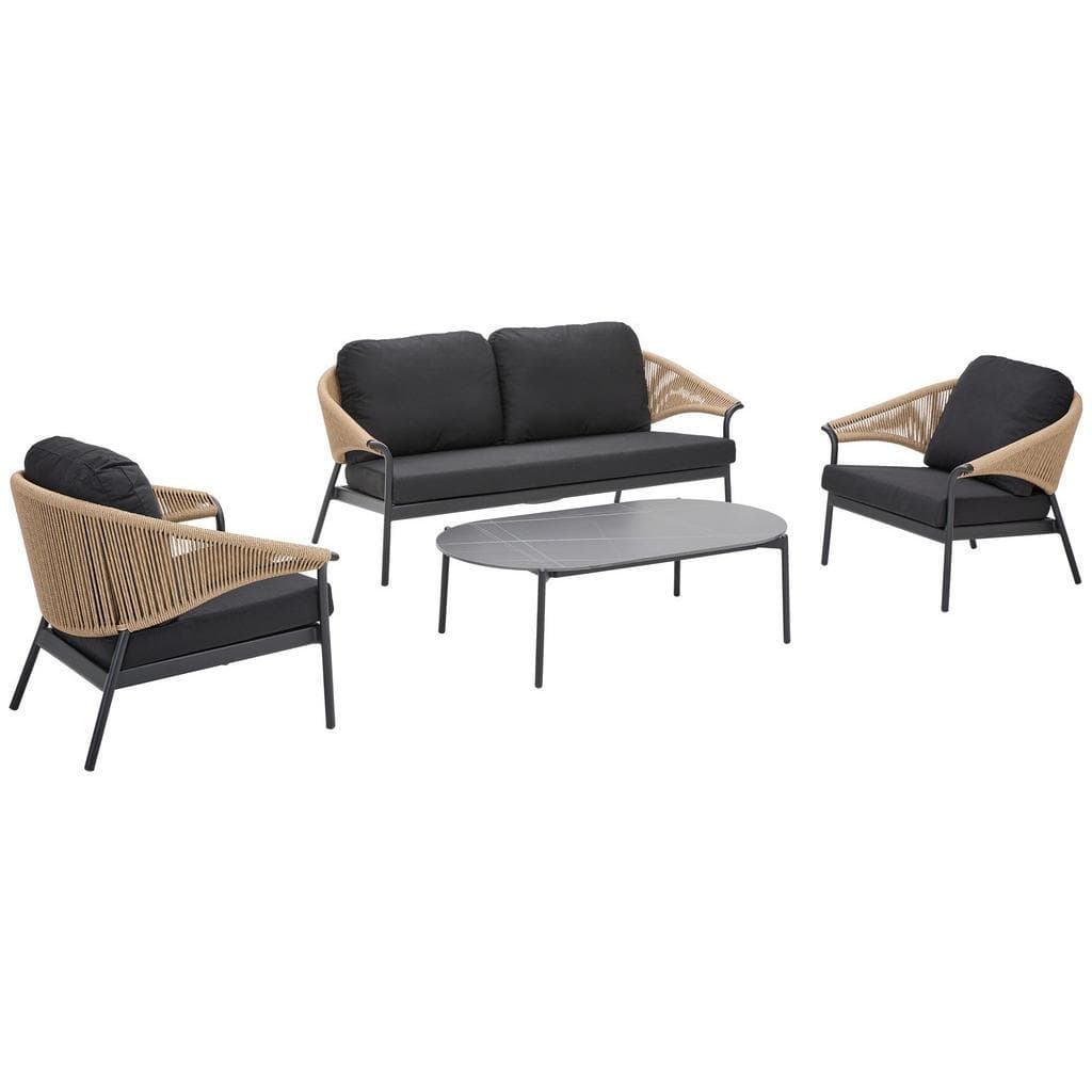 Dieter Knoll Gartenset Celia 4-teilig Schwarz mit Keramikplatte und Kissen