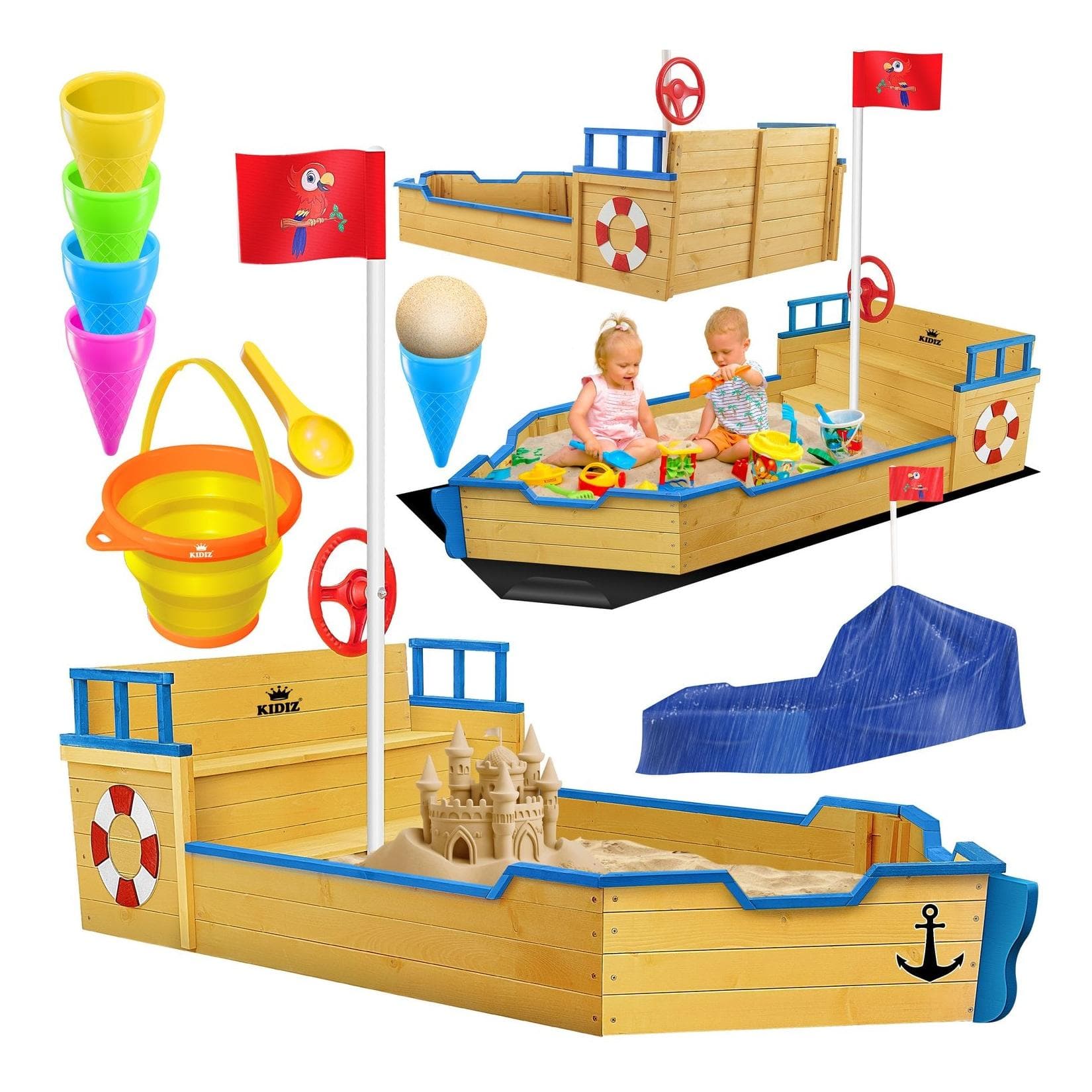 KIDIZ Sandkasten Ahoi Piratenschiff Boot Holz mit Sitzbank