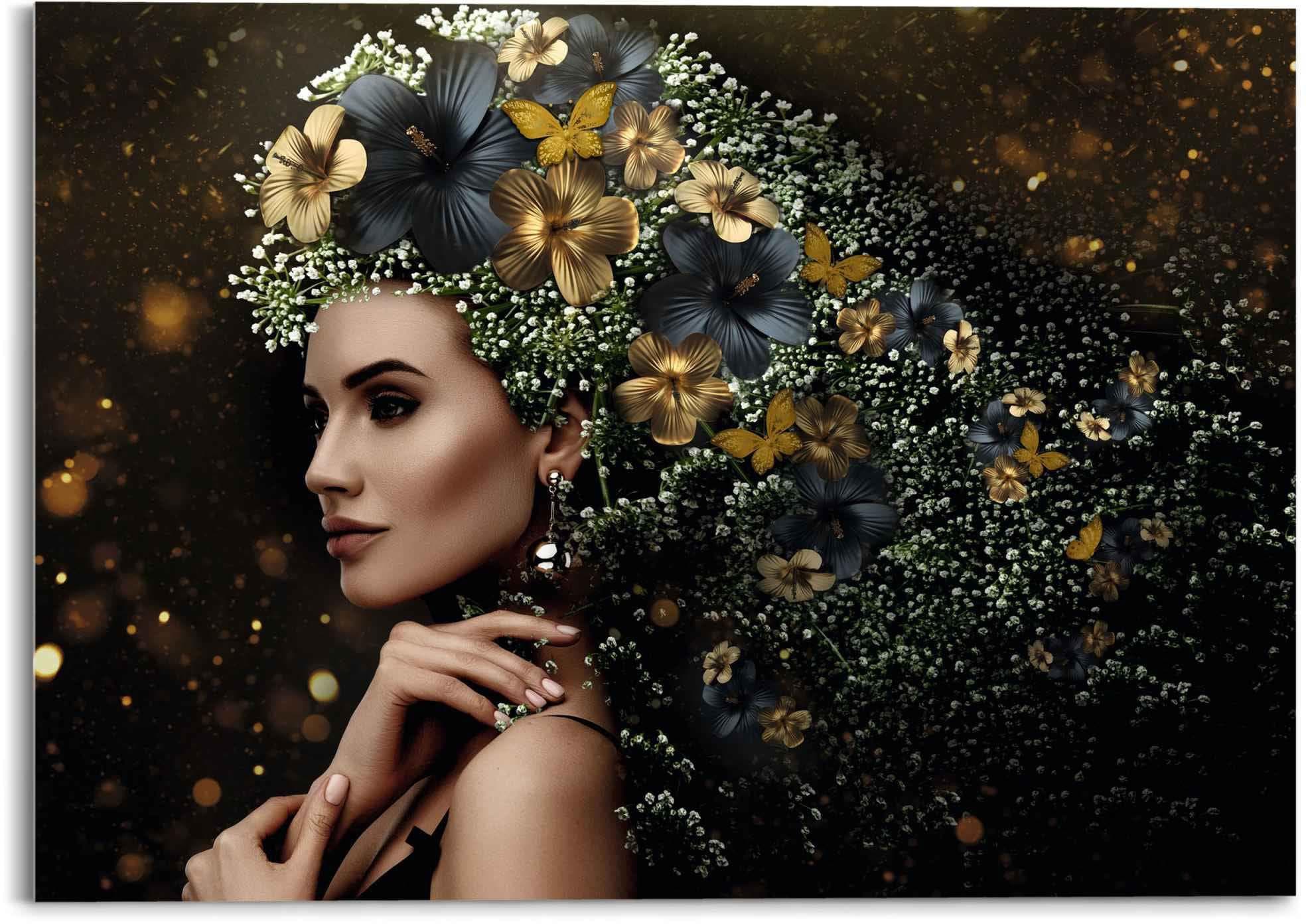 REINDERS Glasbild Elegante Frau Blumen Gold Acrylglas 70x50 cm