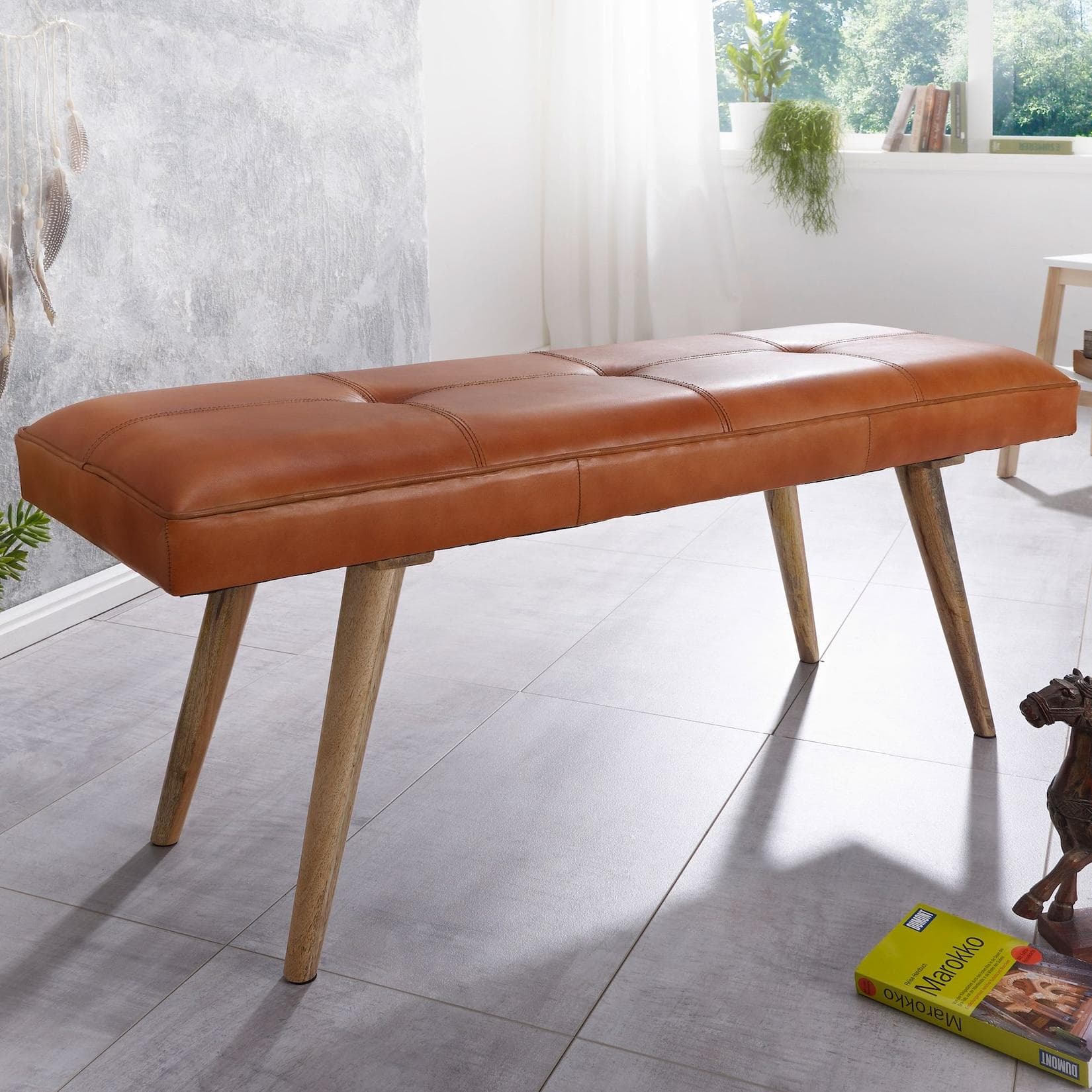 FineBuy Gepolsterte Sitzbank 120cm Echtleder Braun