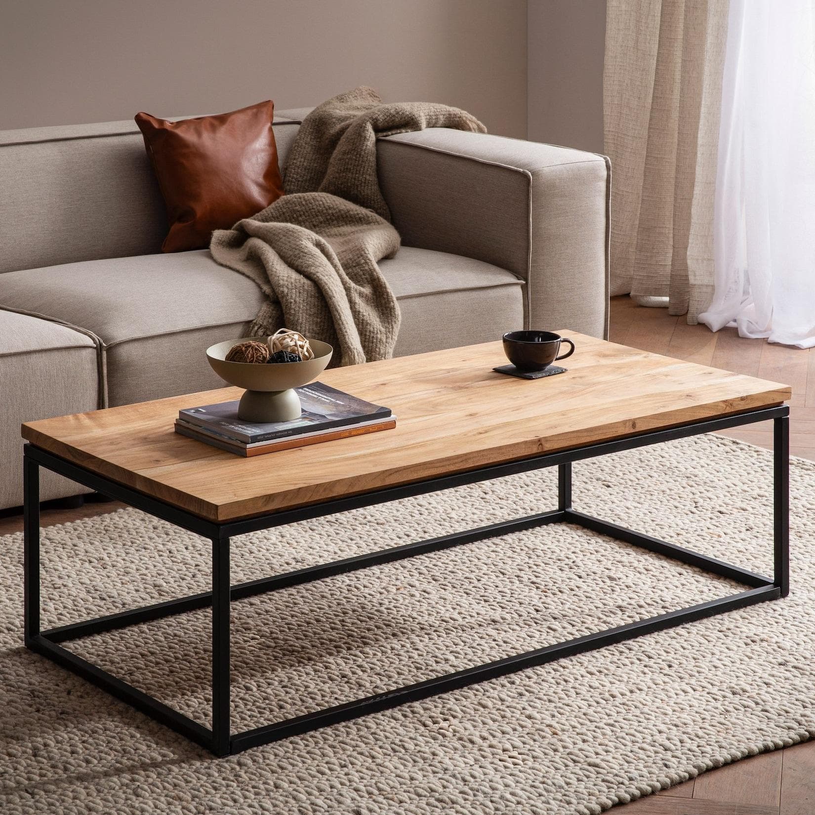 FineBuy Couchtisch Akazie Massivholz 120cm Rechteckig Industrial Design