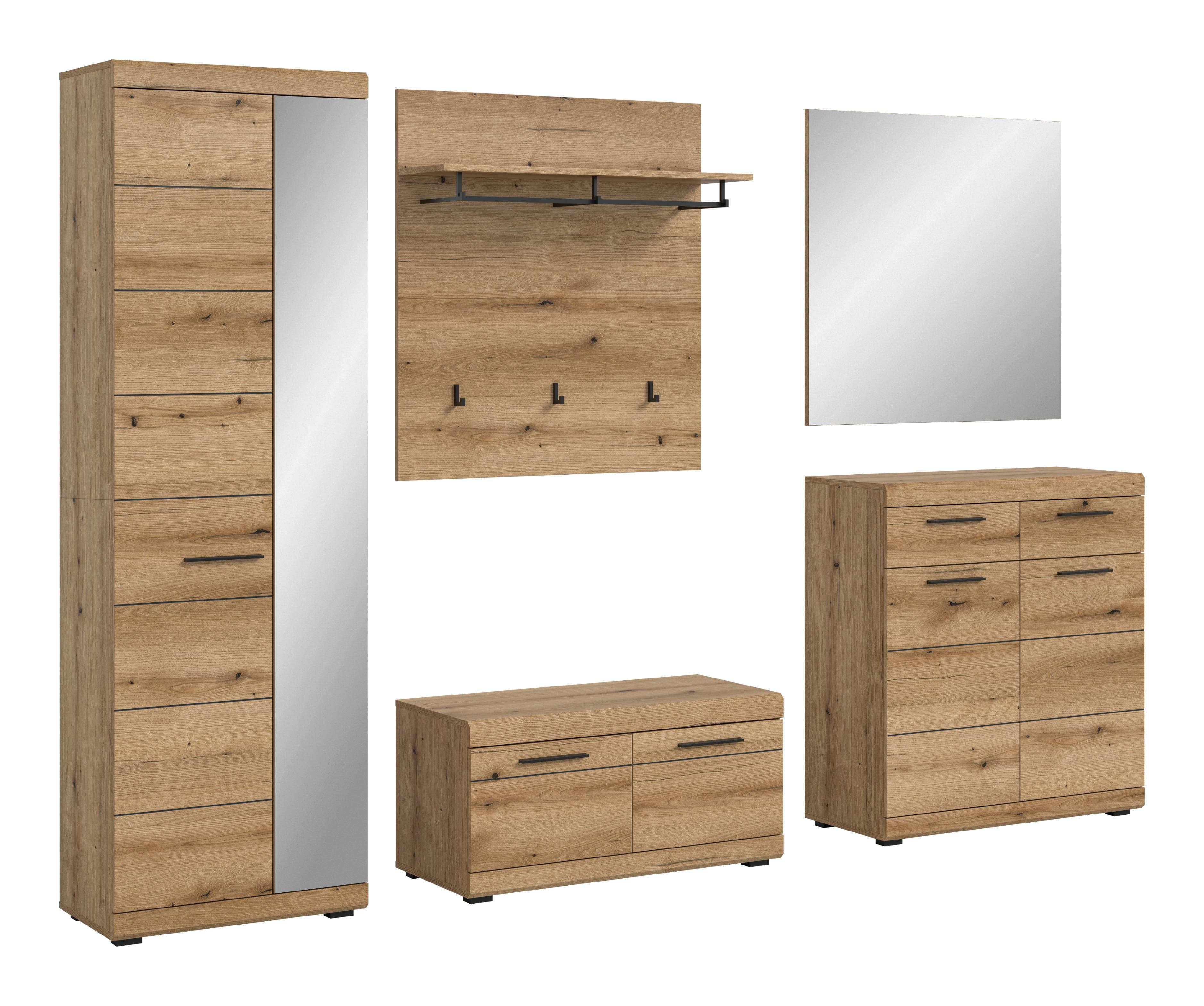 SCOUT Garderobe 5-teilig Eiche Dunkel mit Spiegel und Schuhbank
