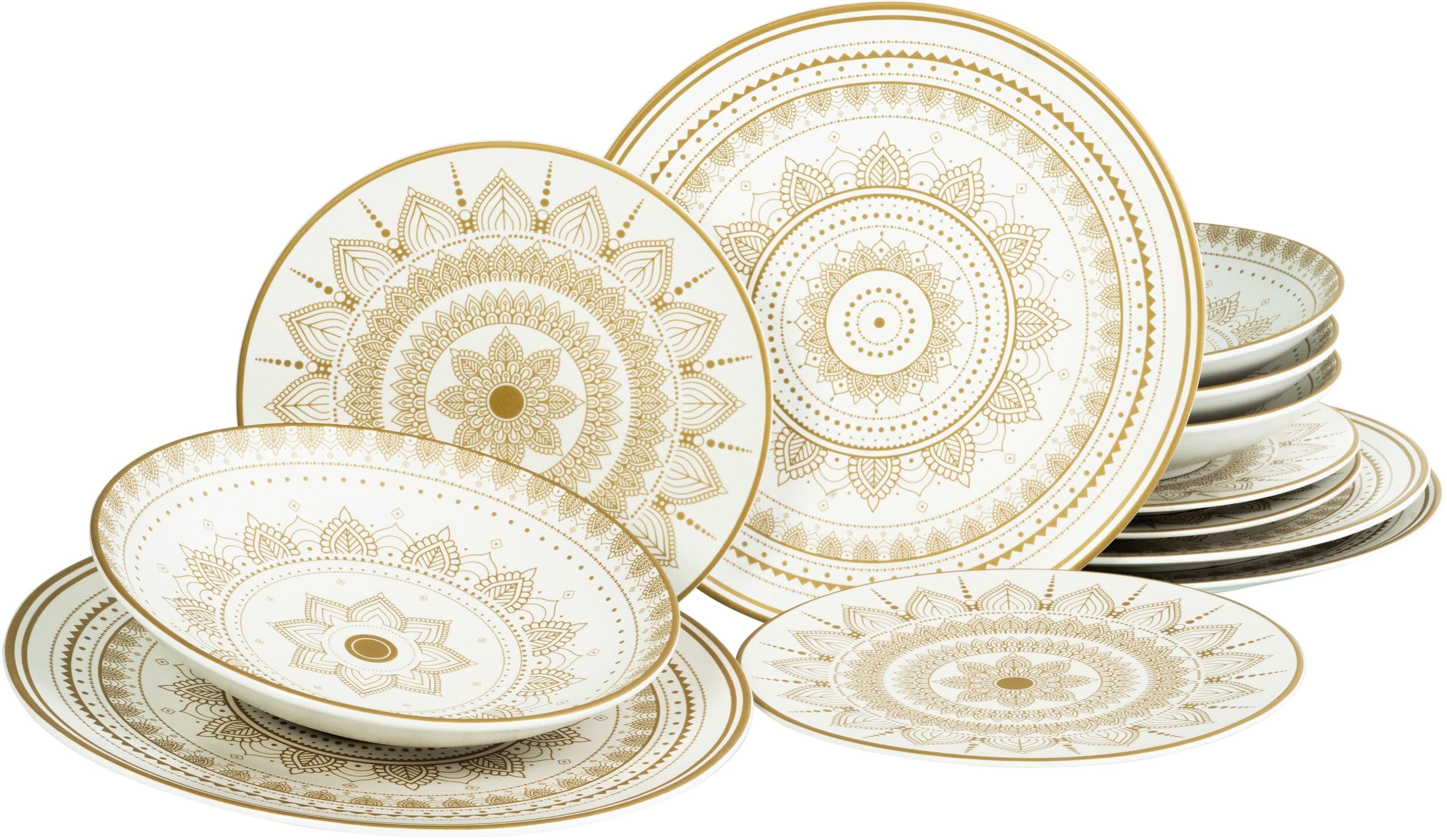 Teller-Set CREATABLE 'Mandala Gold' - 12 Teile Steinzeug