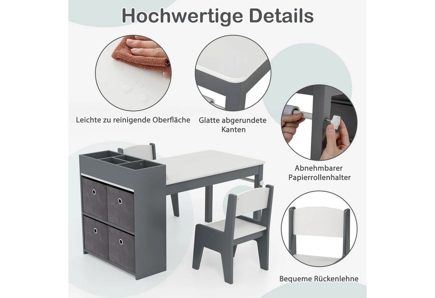 KOMFOTTEU Kindersitzgruppe Grau mit Papierrollenhalter & Lagerregalen - Bild 3