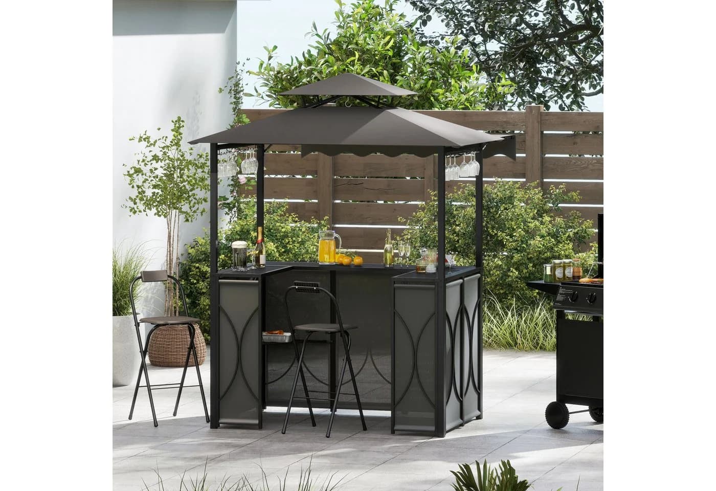COSTWAY Grillpavillon 3-teiliges Bar-Set Gartenpavillon mit 2 Barhockern - Bild 1