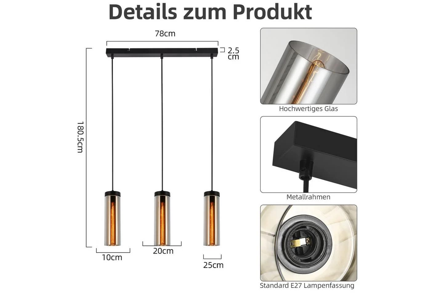 ZMH Pendelleuchte Esszimmer Schwarz 3-flammig E27 Glas Hängeleuchte