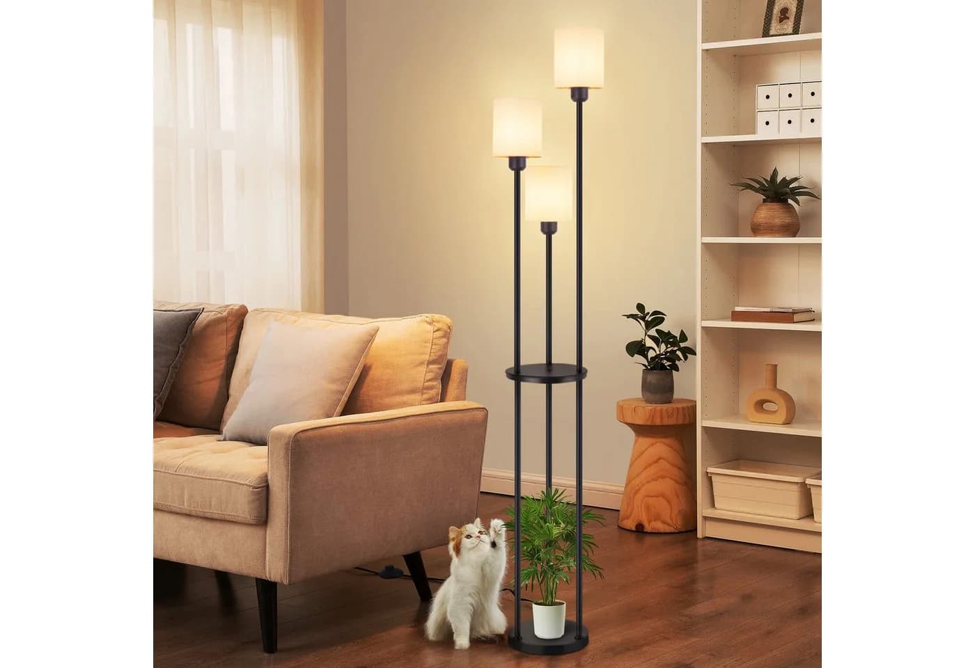 ZMH Stehlampe Wohnzimmer Weiß E27 Stoffschirm Fußschalter - Bild 2
