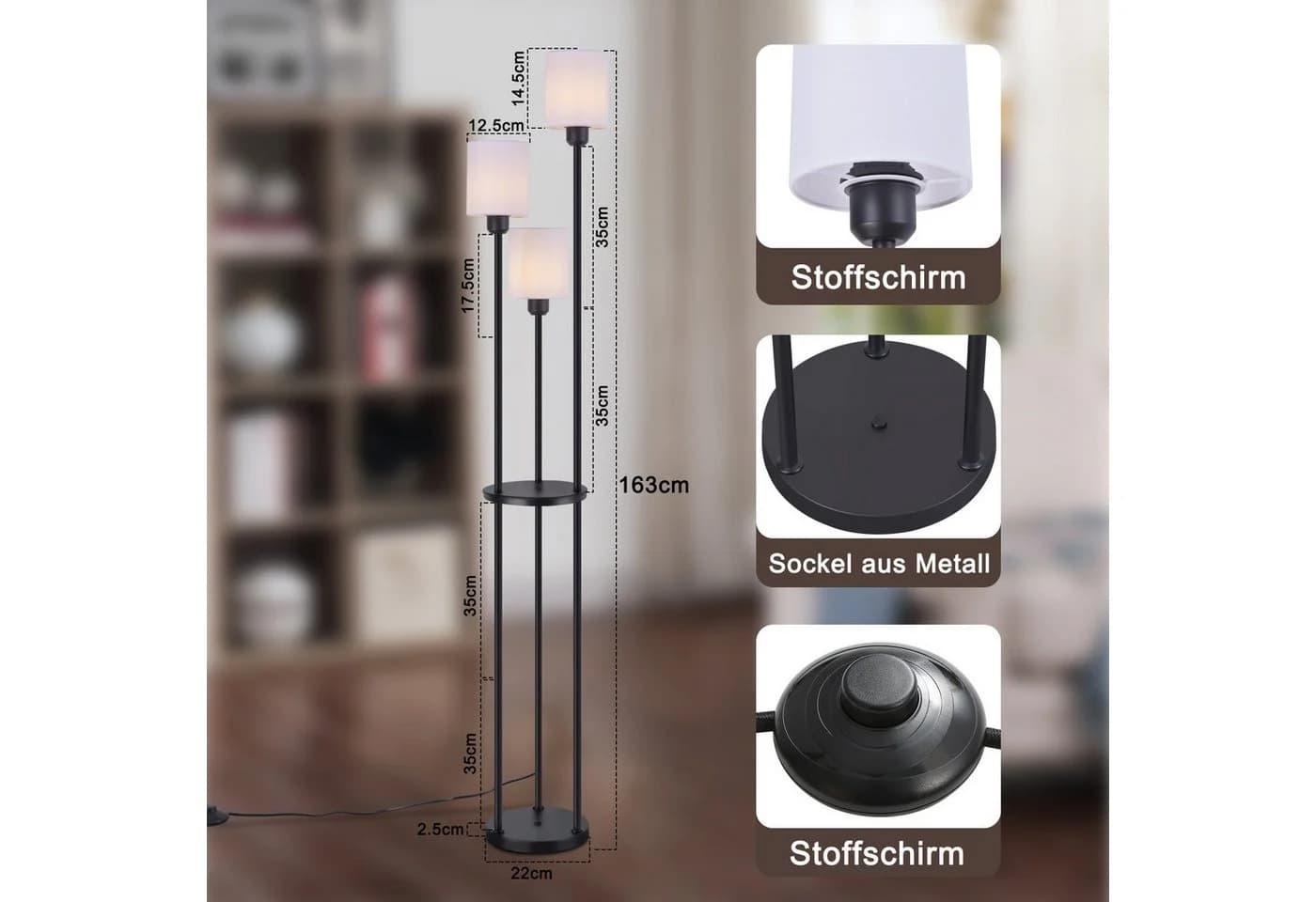 ZMH Stehlampe Wohnzimmer Weiß E27 Stoffschirm Fußschalter - Bild 3