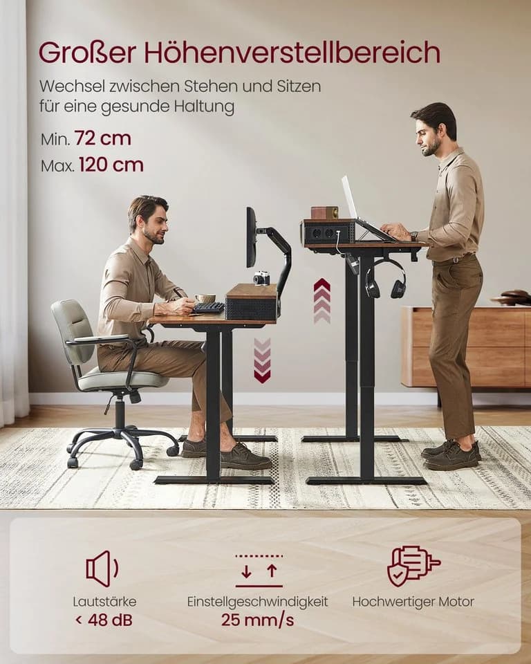 VASAGLE Schreibtisch Höhenverstellbarer elektrisch, 120/140 cm, mit Monitorständer, Steckdosenleiste, Memory-Funktion - Bild 4
