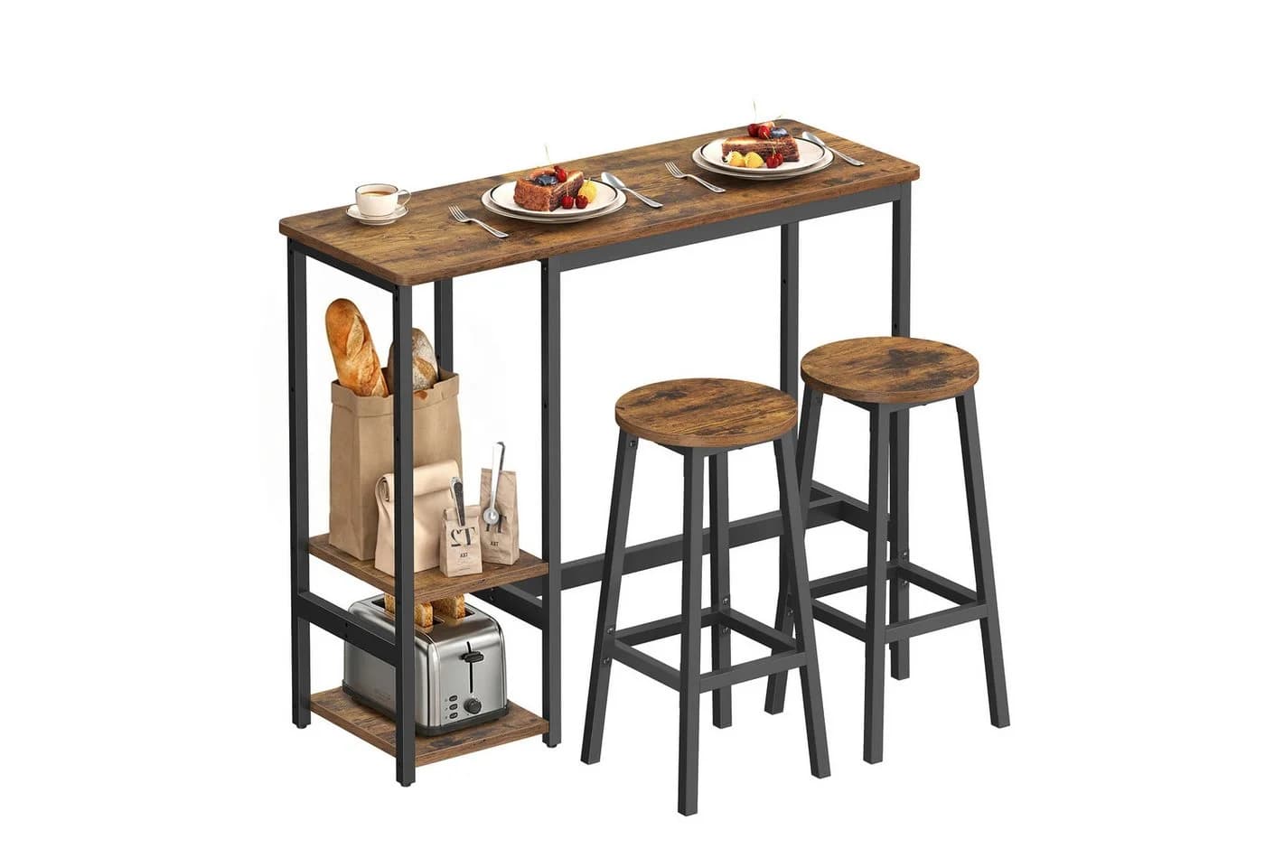 VASAGLE Bartisch-Set mit Regal und 2 Hockern Metallgestell - Bild 2