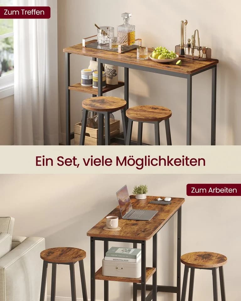 VASAGLE Bartisch-Set mit Regal und 2 Hockern Metallgestell - Bild 4