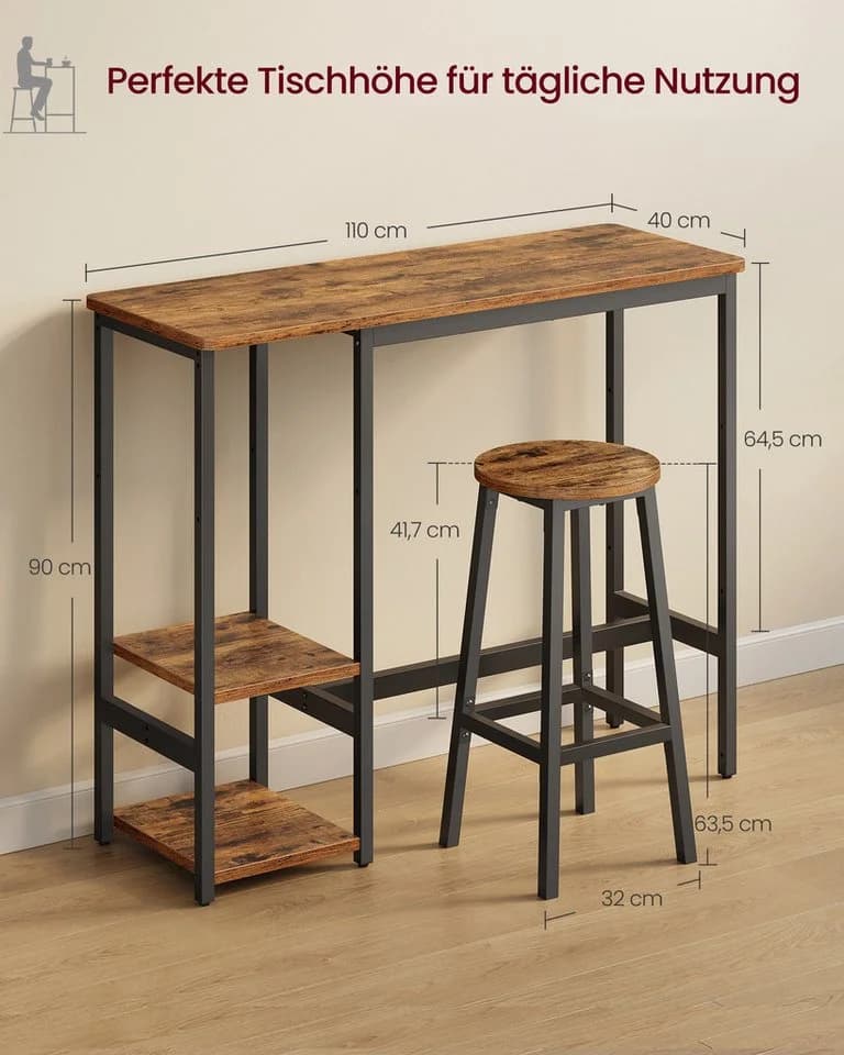 VASAGLE Bartisch-Set mit Regal und 2 Hockern Metallgestell - Bild 5