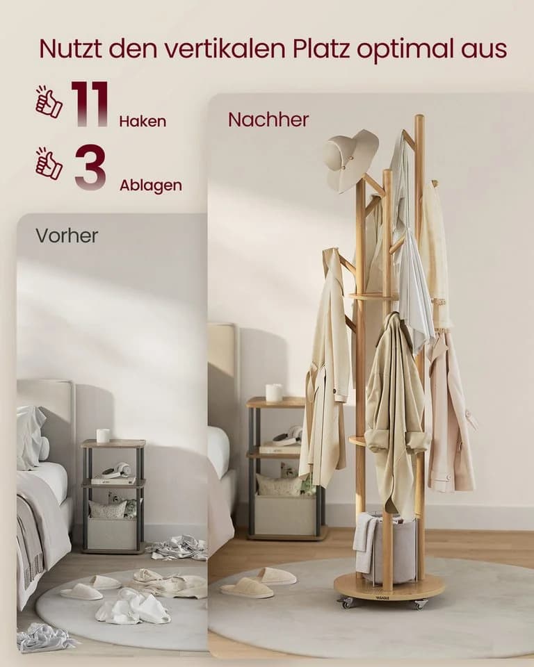 VASAGLE Garderobenständer Kleiderständer 11 Haken 3 Ablagen Rollen - Bild 3