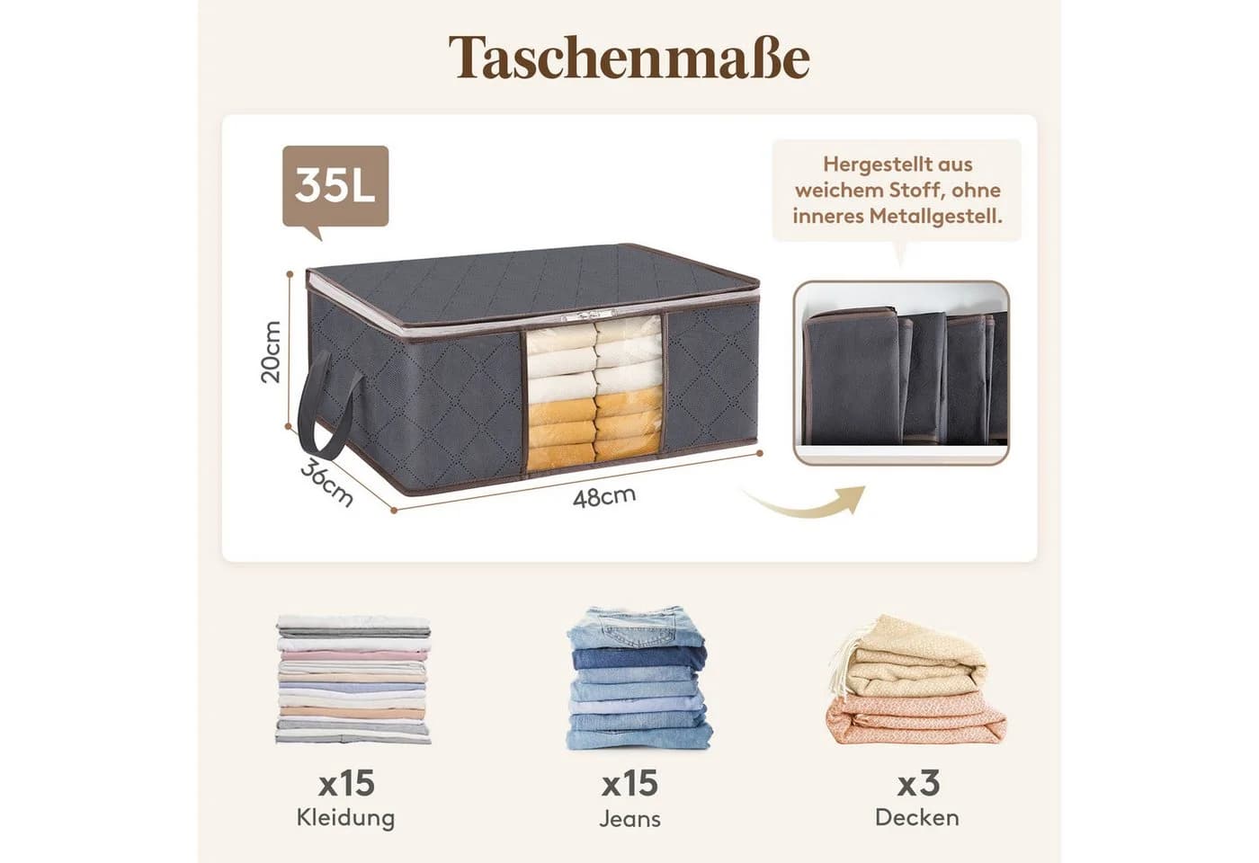 Lifewit Aufbewahrungsbox 3er Set Grau 35L Unterbett