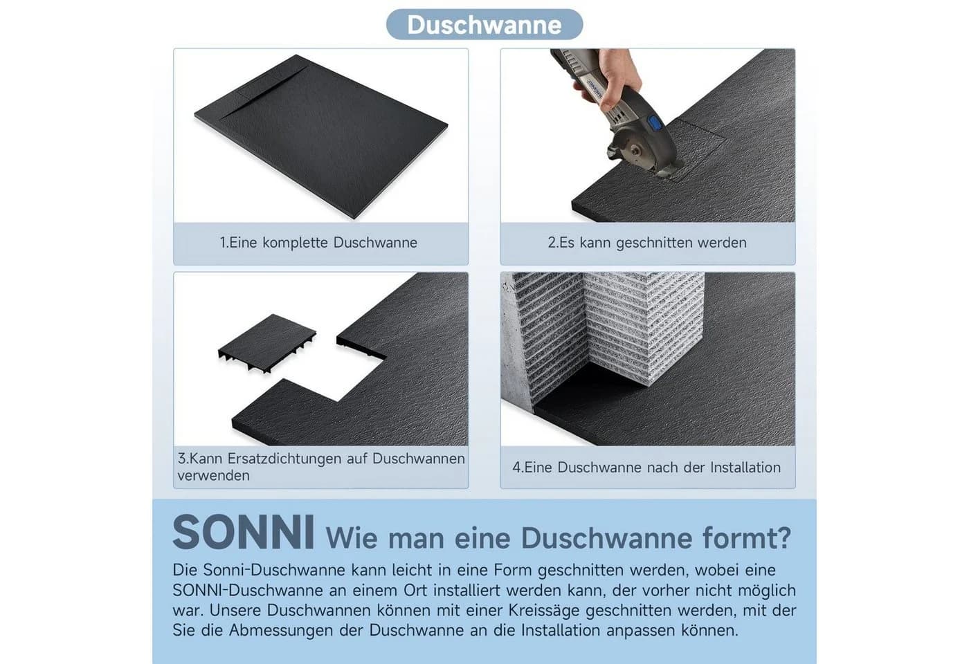 SONNI Duschwanne Schwarz 120x90cm Siphon inkl. Schieferoptik - Bild 4