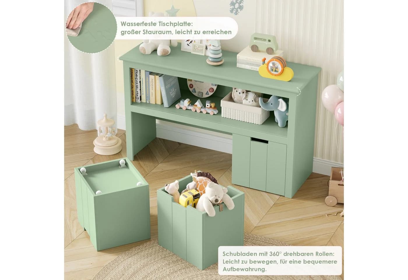 Homfa Kinderregal Spielzeugtruhe Bücherregal 3 Schubladen Grün - Bild 4