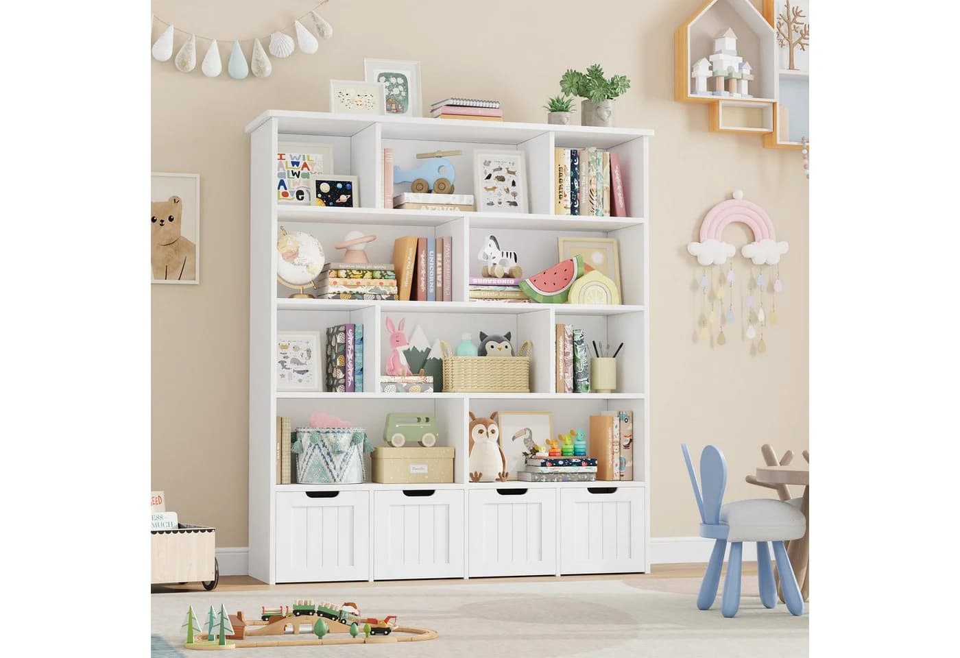 Homfa Kinderregal mit 4 Spielzeugkisten auf Rollen, weiß - Bild 4