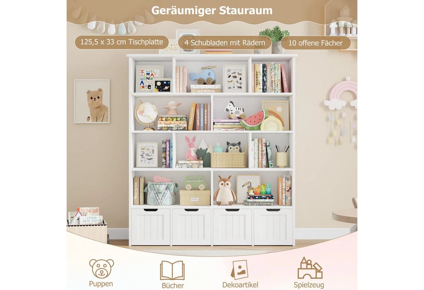Homfa Kinderregal mit 4 Spielzeugkisten auf Rollen, weiß - Bild 5