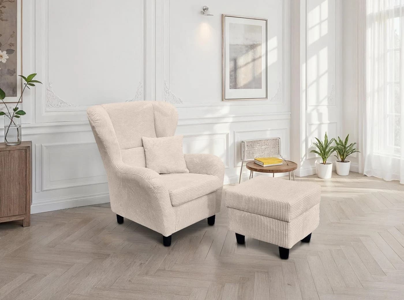 luma-home Ohrensessel 18017 Beige Lesesessel mit Hocker - Bild 1