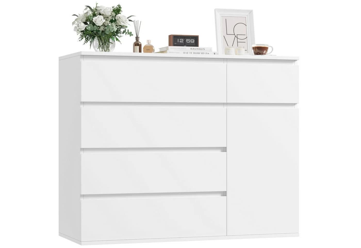 Homfa Kommode weiß mit 5 Schubladen und 1 Tür, Sideboard 100x80x40 cm - Bild 2