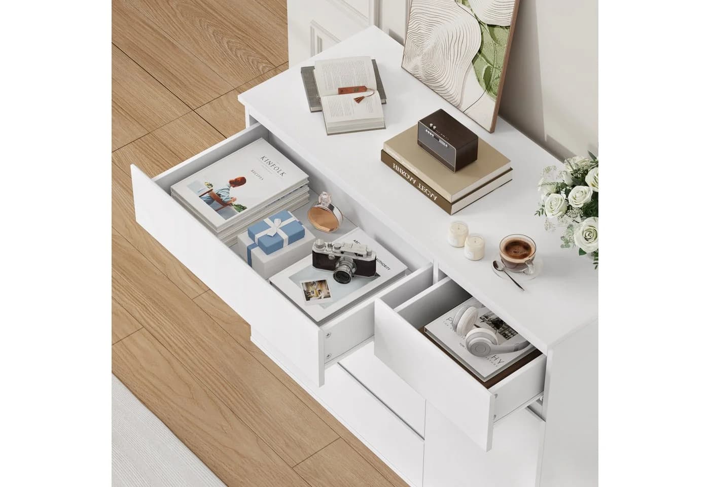 Homfa Kommode weiß mit 5 Schubladen und 1 Tür, Sideboard 100x80x40 cm - Bild 5