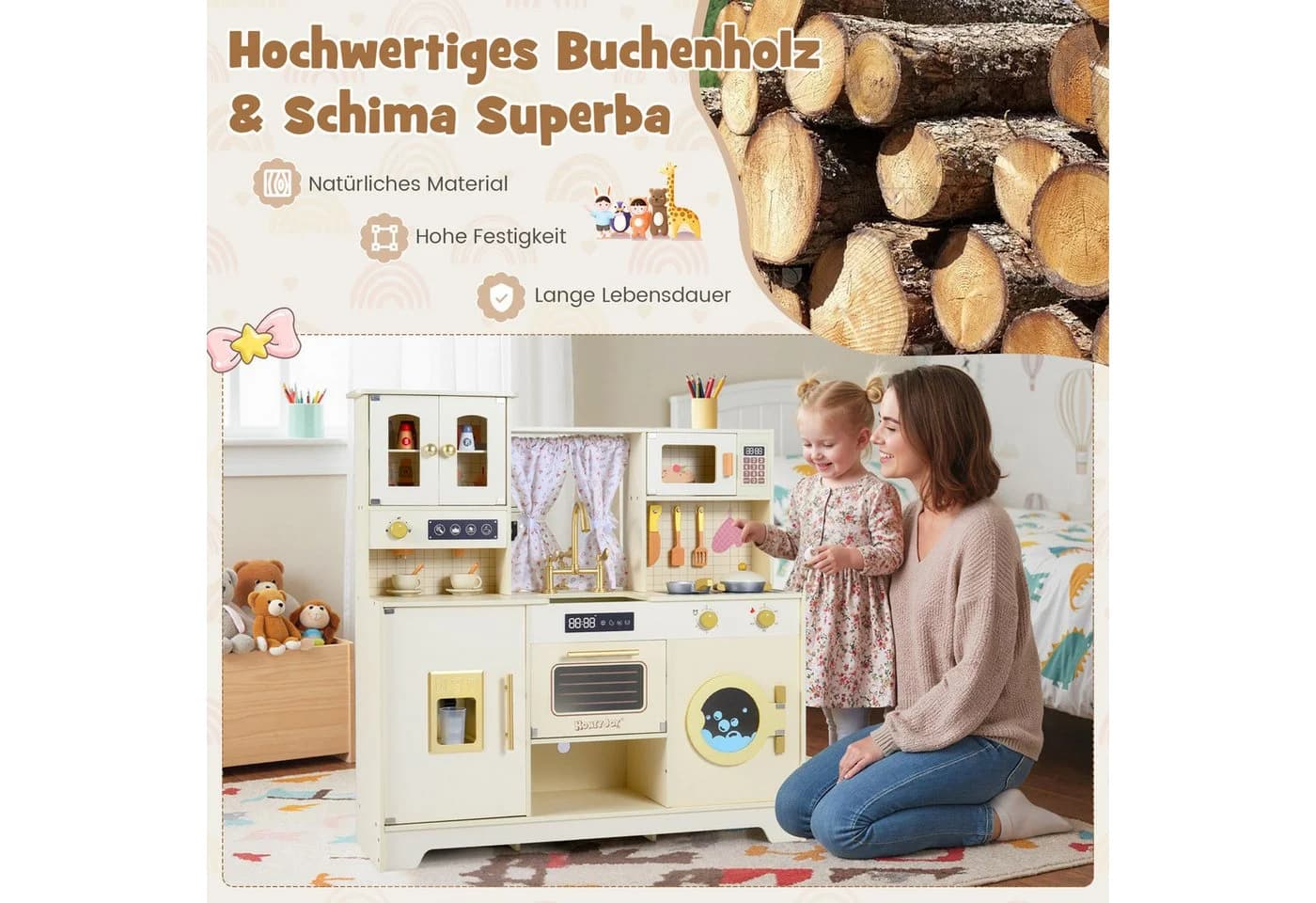 COSTWAY Spielküche Buchenholz Beige Mit Ofen Mikrowelle Geschirrspüler - Bild 3