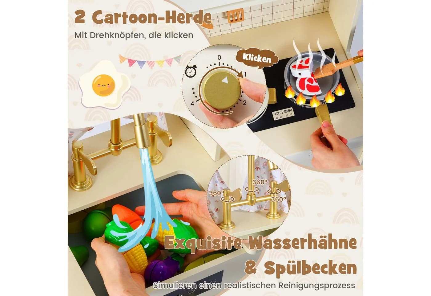 COSTWAY Spielküche Buchenholz Beige Mit Ofen Mikrowelle Geschirrspüler - Bild 4